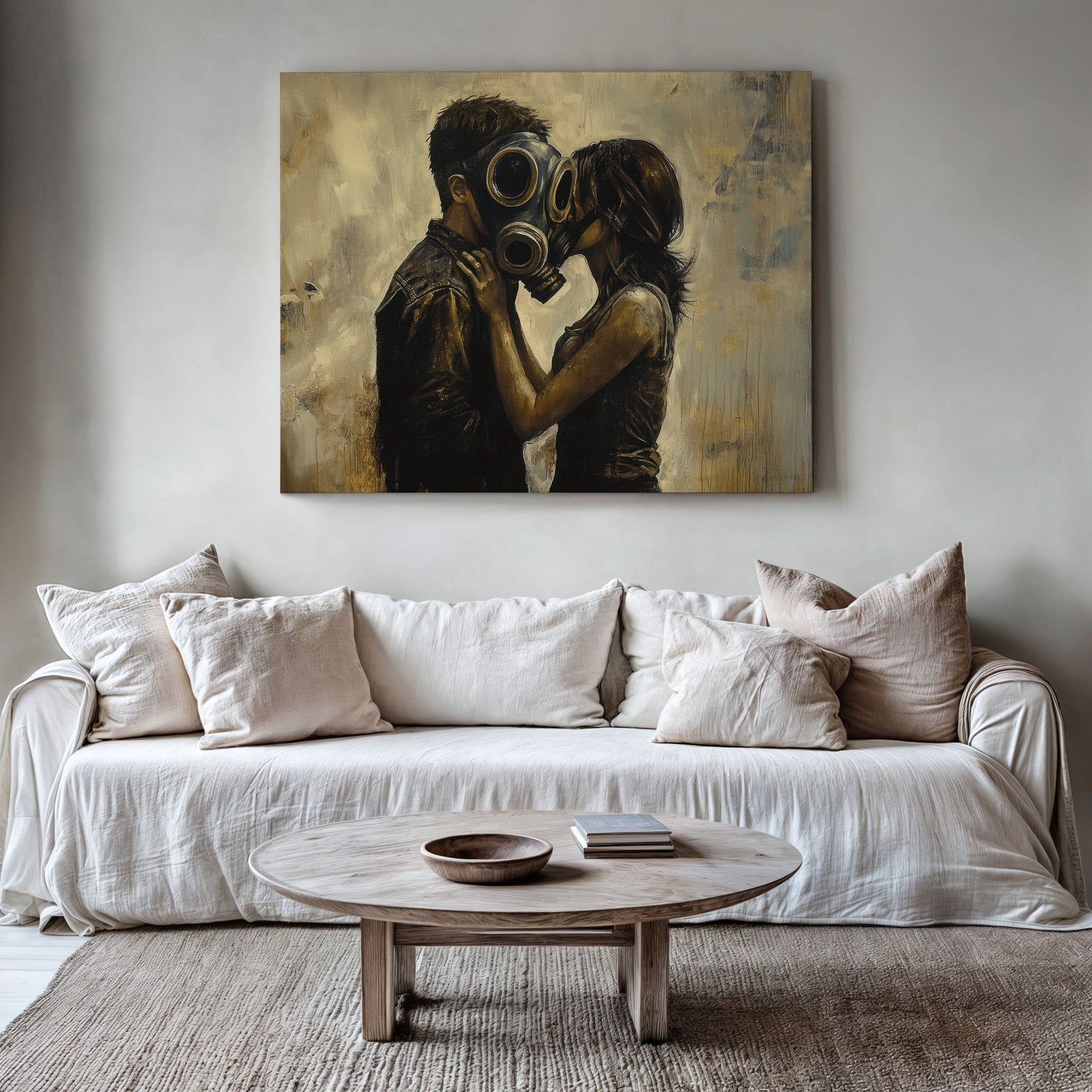 Modern street art printable wall art featuring a couple in gas masks, painted in muted beige and charcoal tones, displayed above a cozy neutral sofa - a bold urban artwork that adds edgy emotional depth to contemporary home decor
