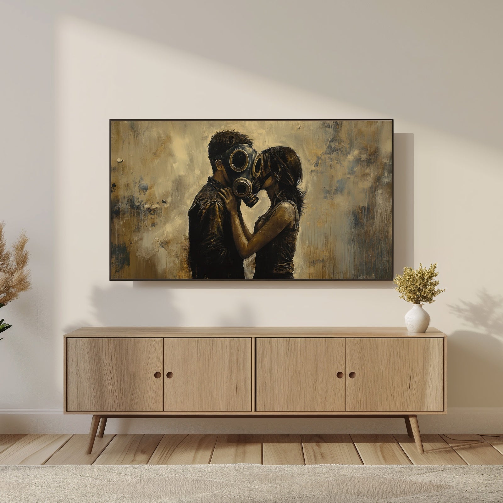 Street Art Frame TV Art with Gasmask Couple in Modern Living Room