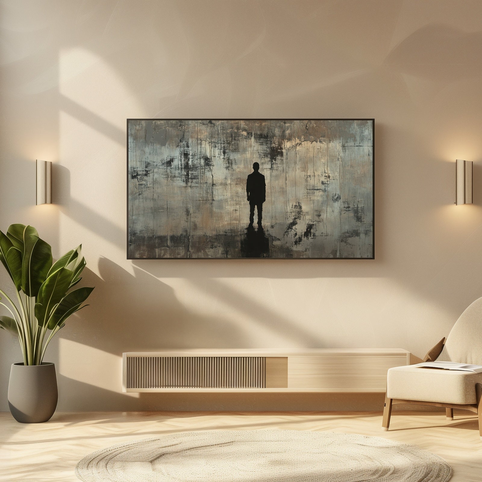 Street Art Frame TV Art with Single Man in Modern Living Room