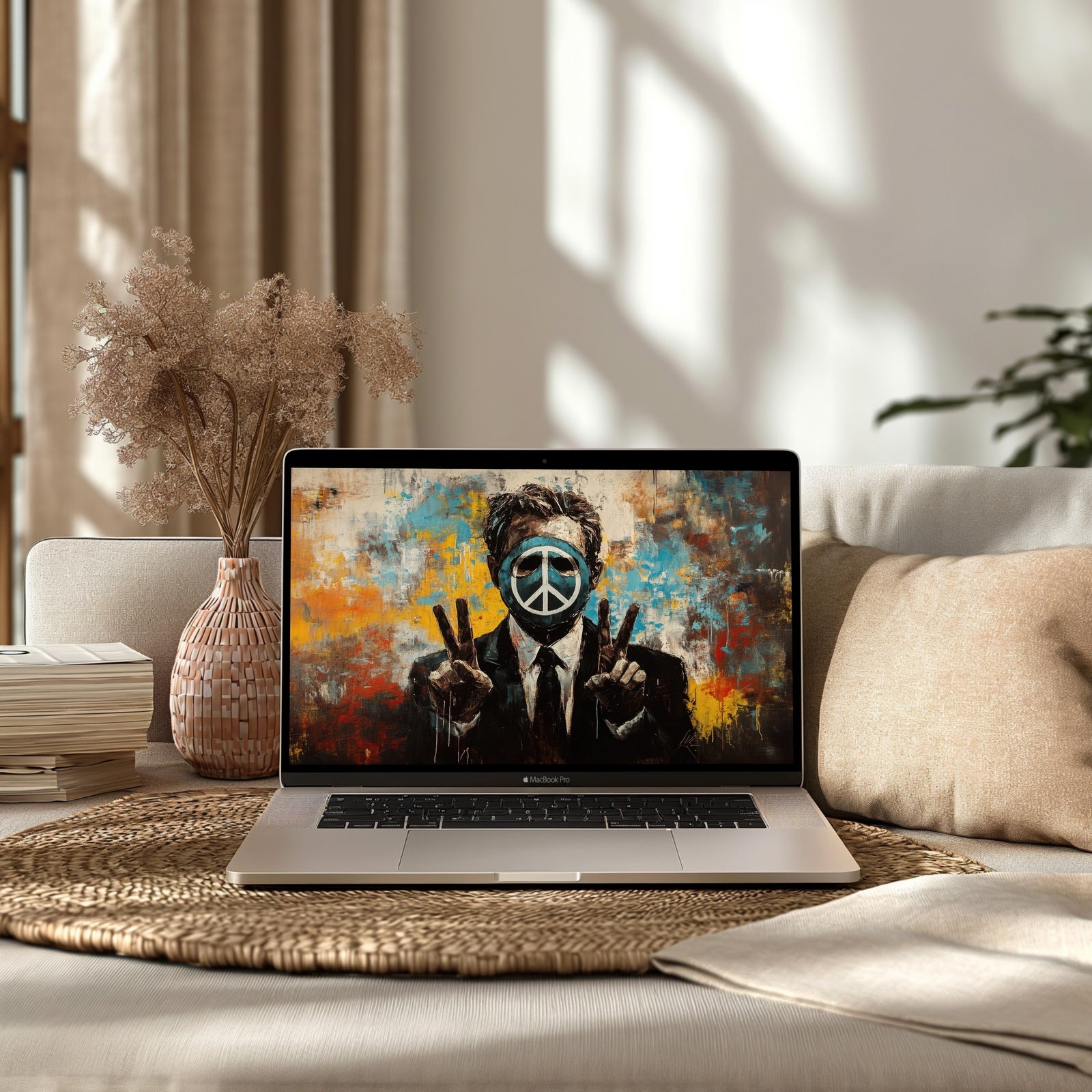 Urban street art desktop wallpaper showing a man in a suit with a peace mask and hand-signs, displayed on a MacBook in a cozy neutral living room setting