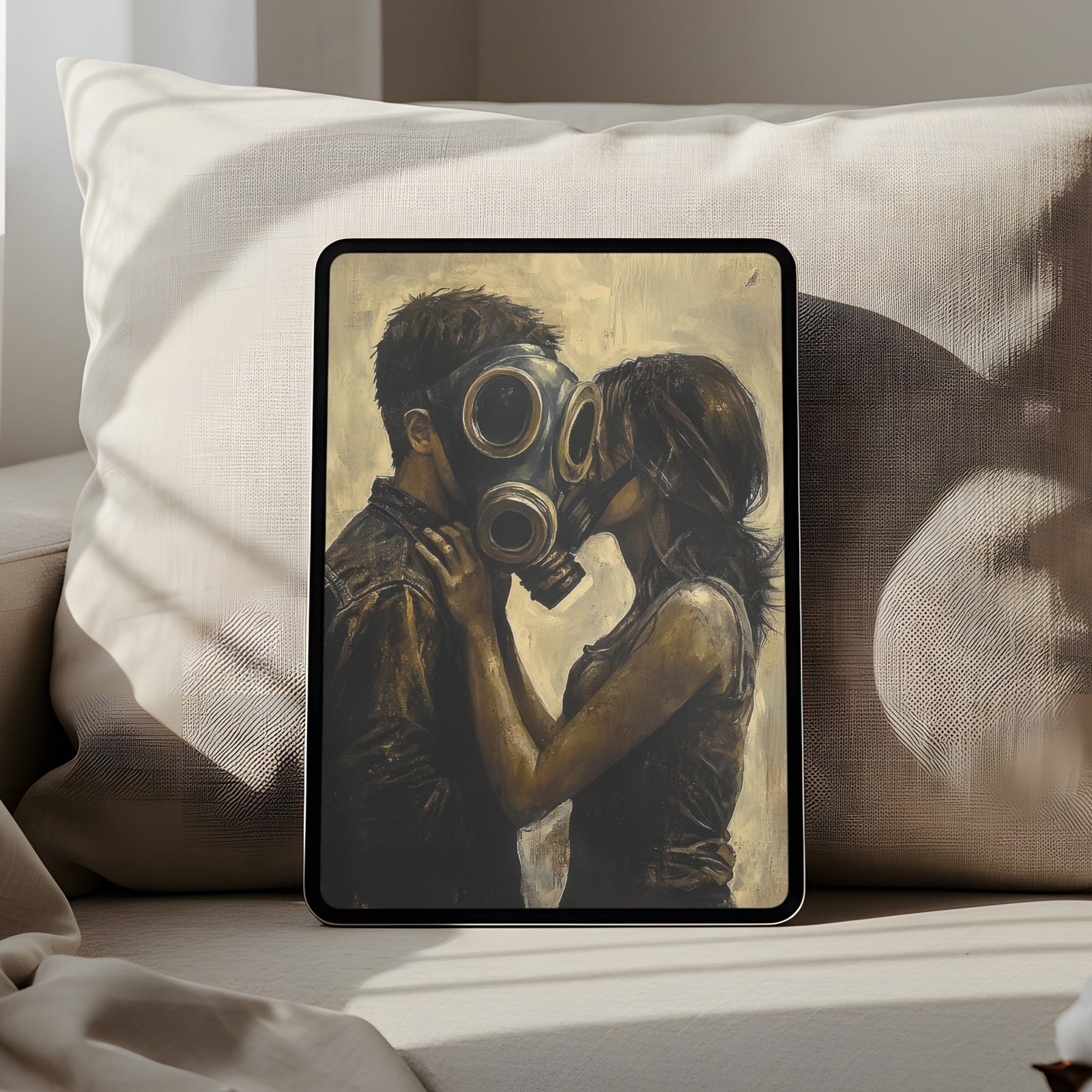 Street art iPad wallpaper featuring a couple wearing gas masks in an expressive urban painting style. A bold and emotional digital background that blends love, rebellion and contemporary artistry for a modern aesthetic