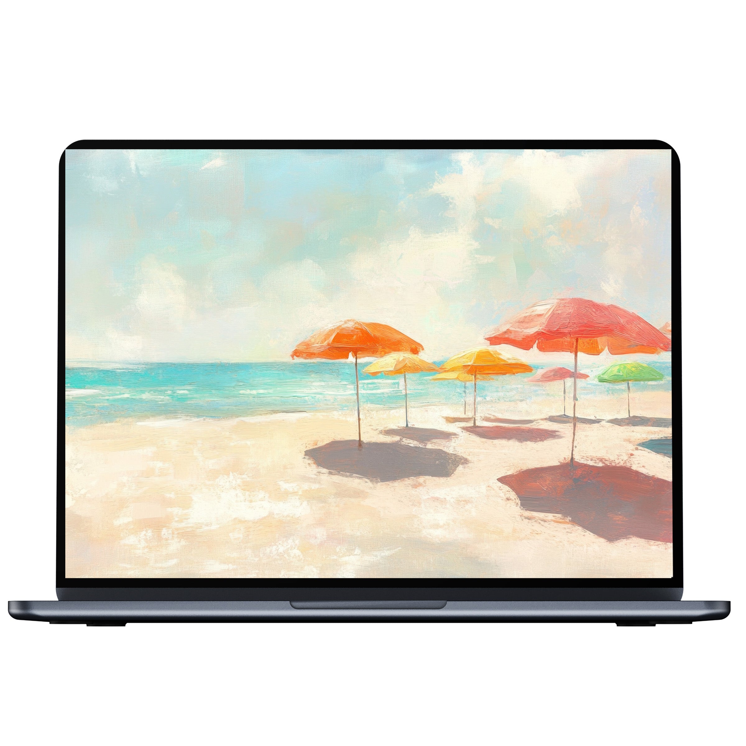 Inspiring summer desktop wallpaper, vibrant beach umbrellas with tranquil seascape evoke calm, fits PC, laptop, Mac digital download