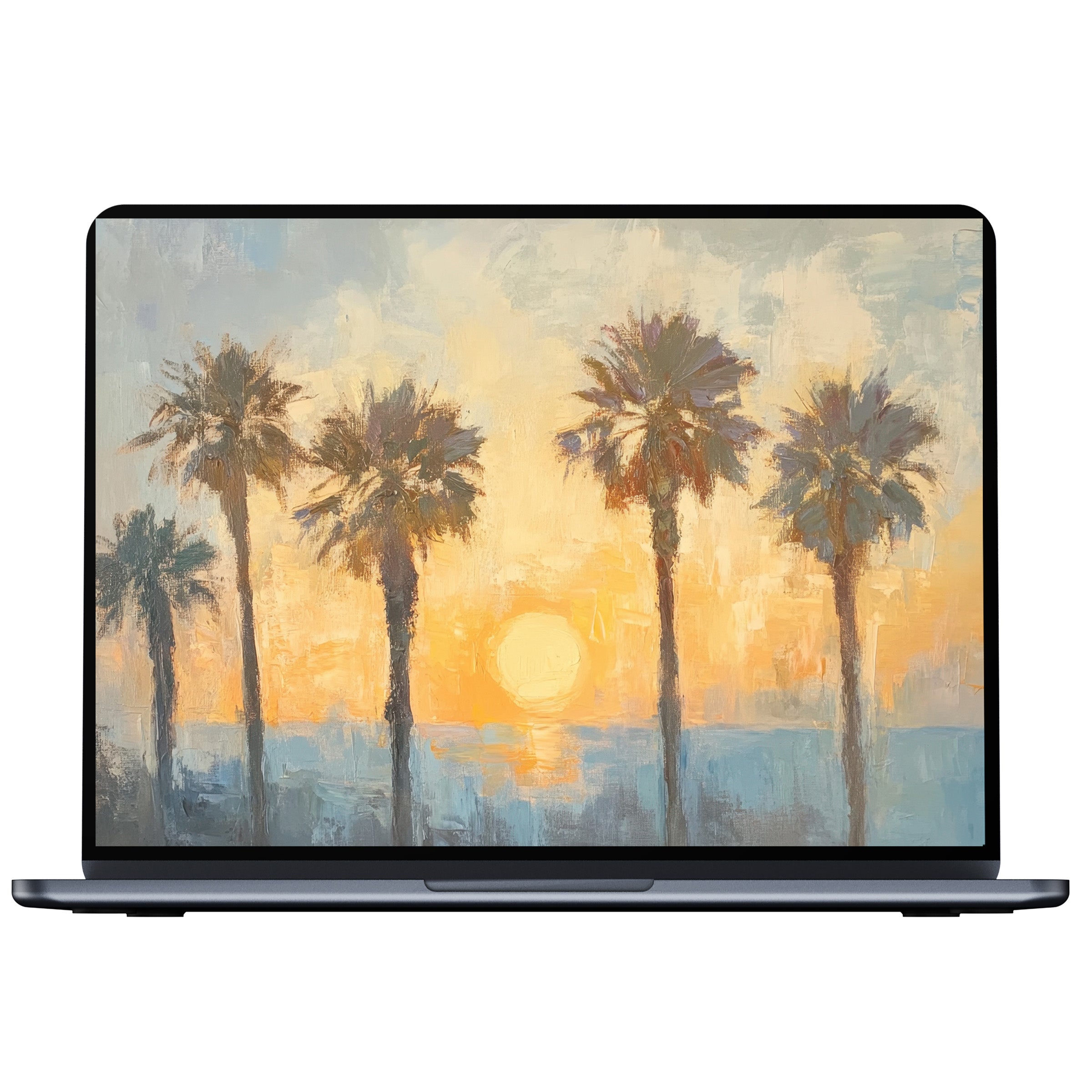 Summer desktop wallpaper features serene palm trees at sunset in vibrant hues perfect for PC or laptop digital download users