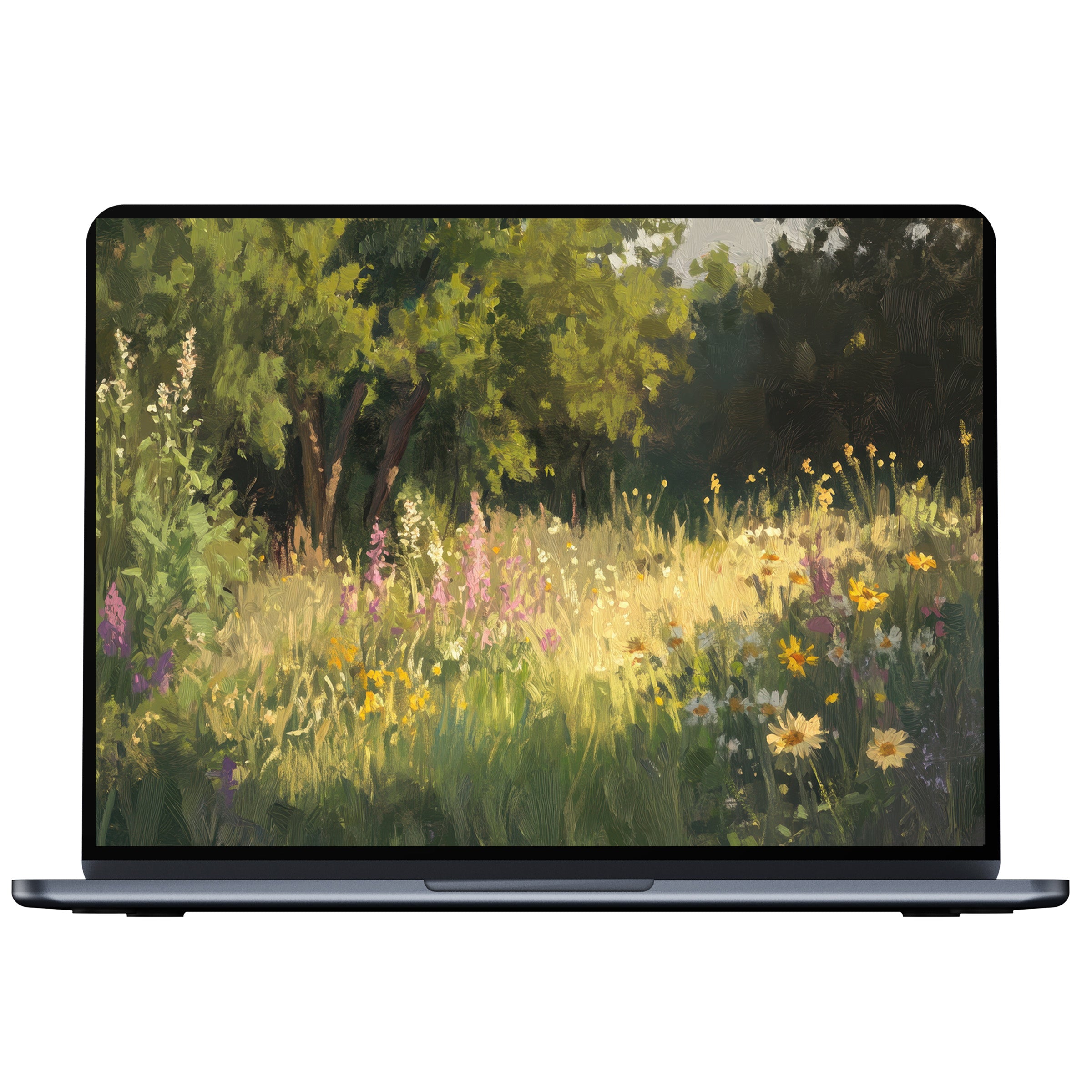 Summer desktop wallpaper digital download featuring serene wildflower meadow painting in sunlight fits PC laptop Mac enhancing calm elegance