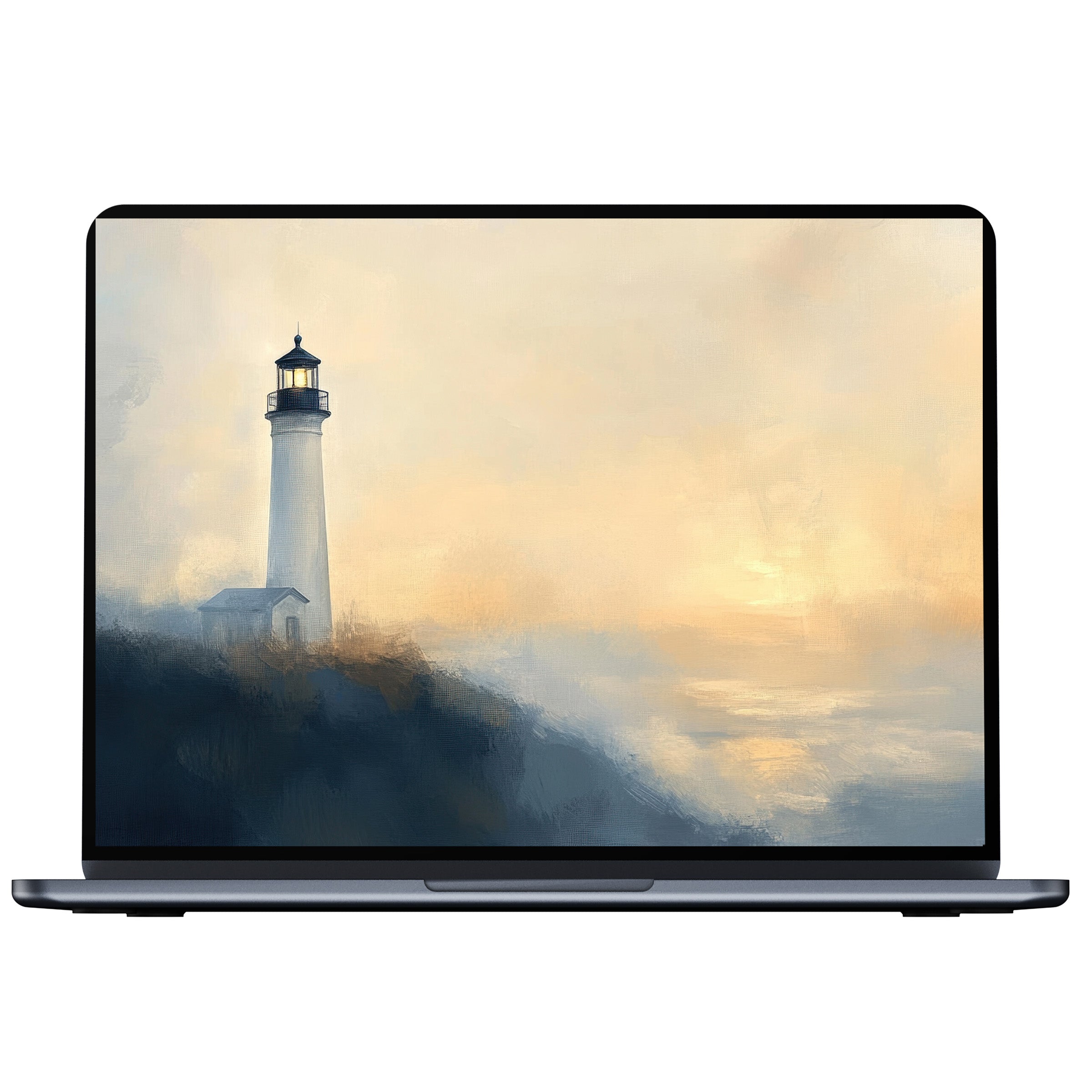 Elegant summer desktop wallpaper digital download featuring a serene lighthouse at sunset for mindful inspiration on PC or laptop