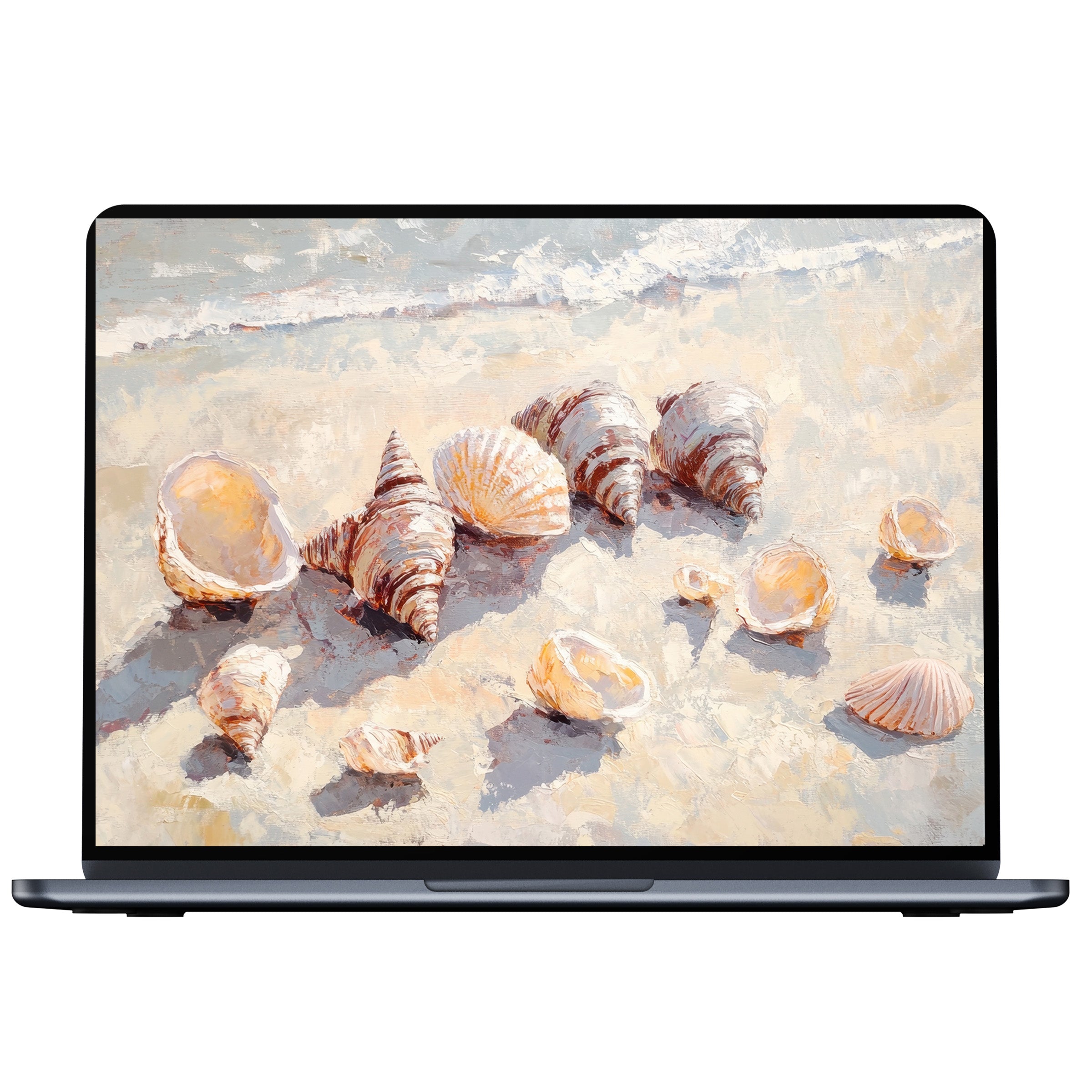 Summer desktop wallpaper digital download of seashells on a sandy beach painting offers calm elegance for PC and laptop screens