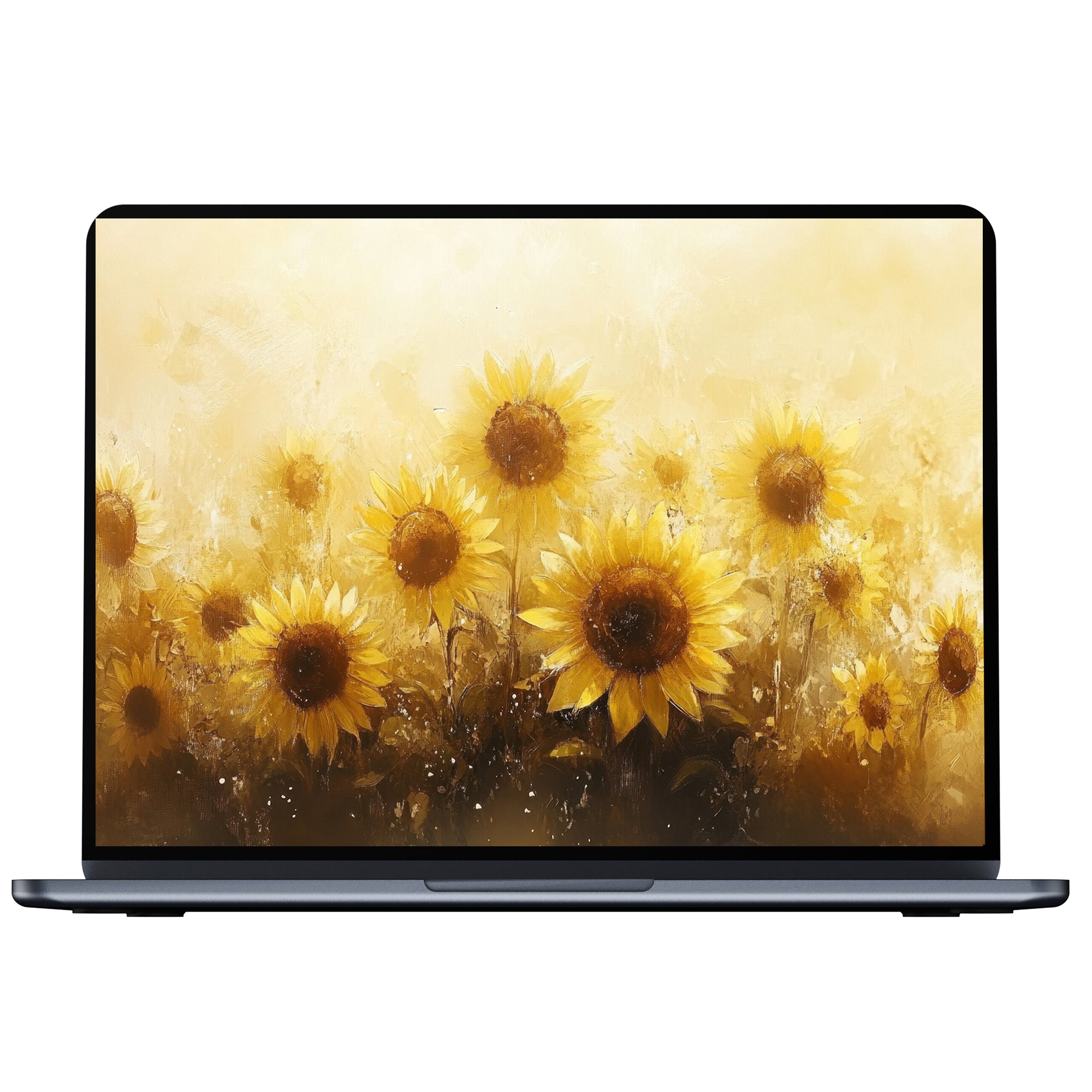 Summer desktop wallpaper featuring vibrant sunflowers on a sleek laptop screen digital download for PC Mac users seeking inspiration and calm