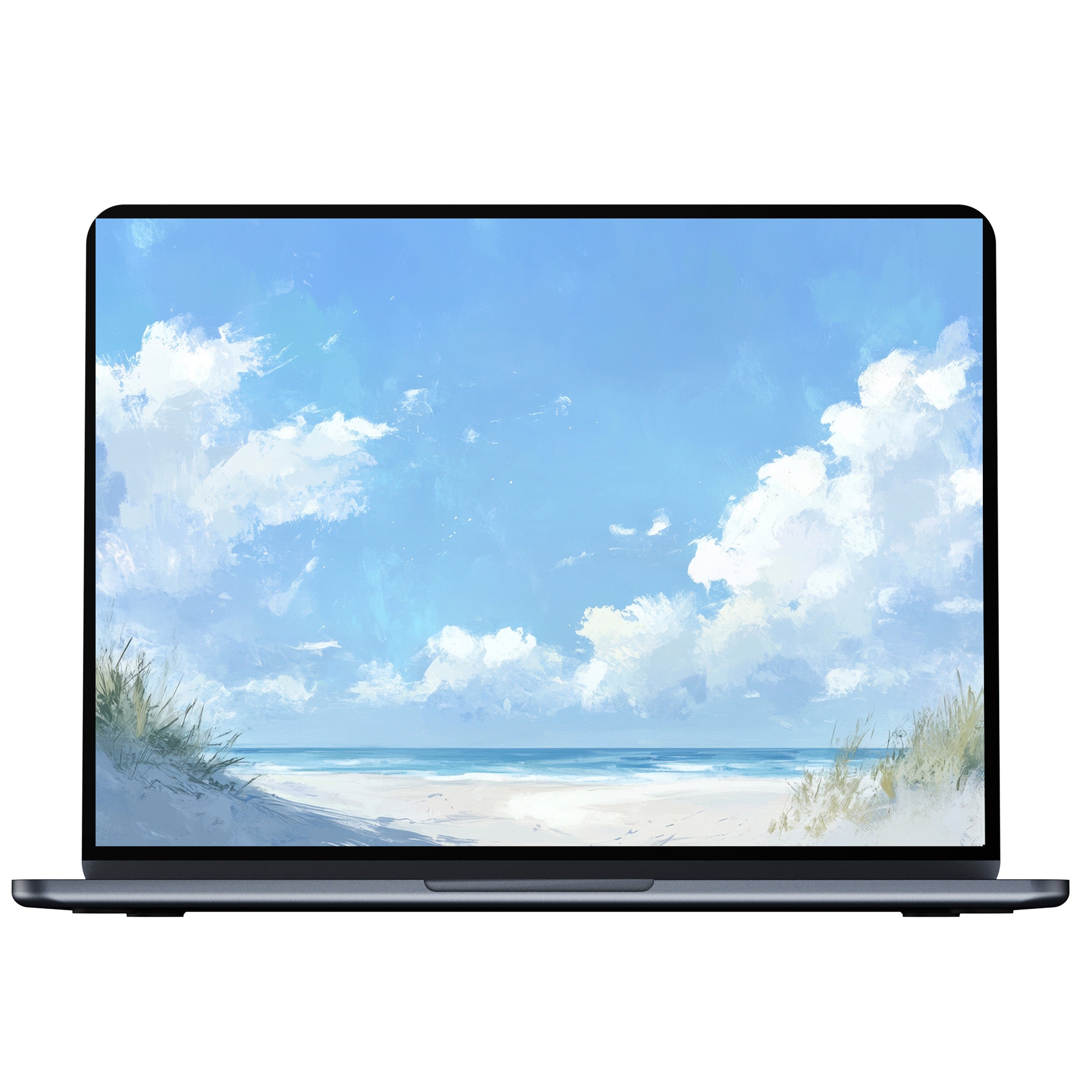 Elegant summer desktop wallpaper digital download captures serene beachscape in soft blues and whites ideal for PC or laptop use
