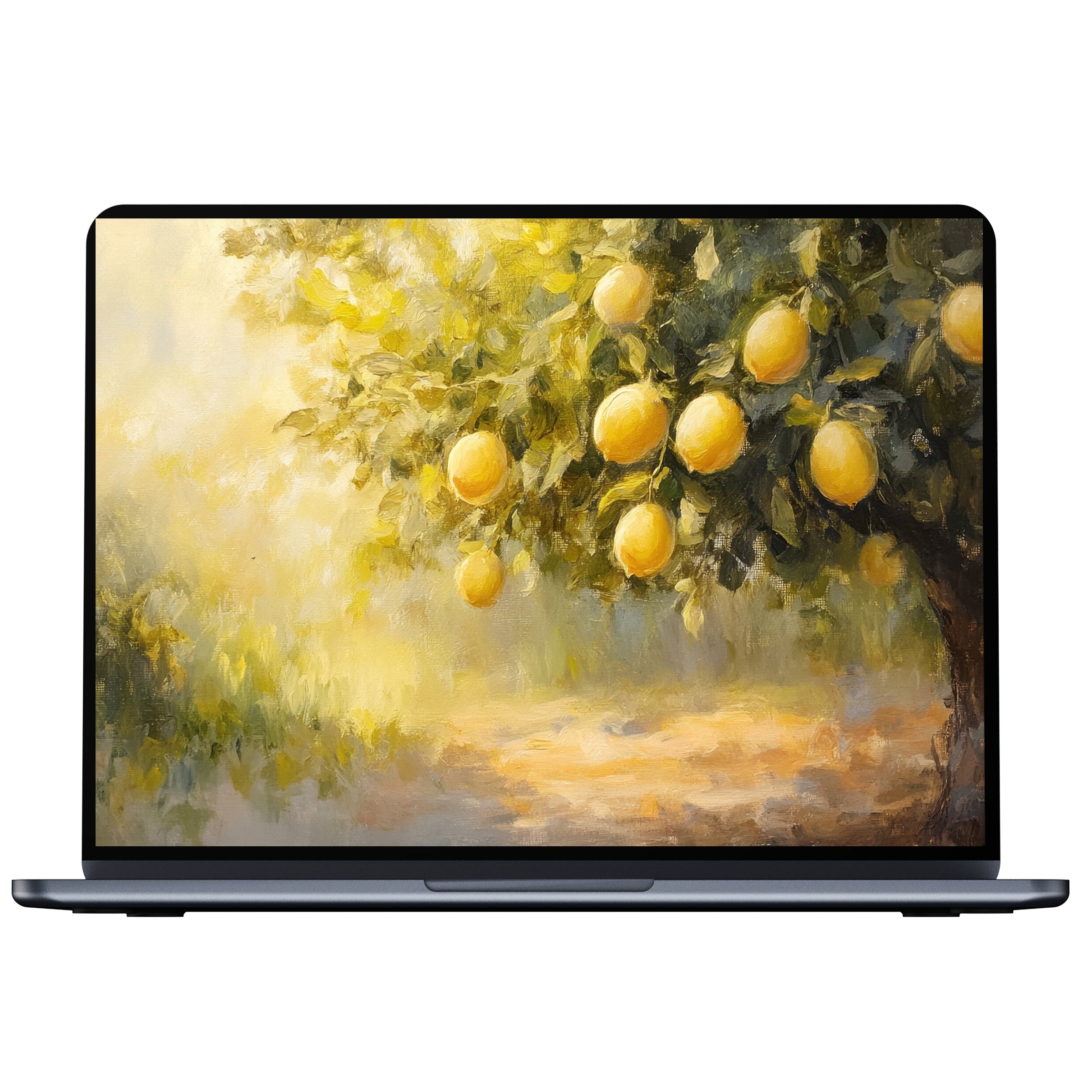 Summer desktop wallpaper with warm lemon tree painting evokes calm inspiration for digital download on PC or laptop screens