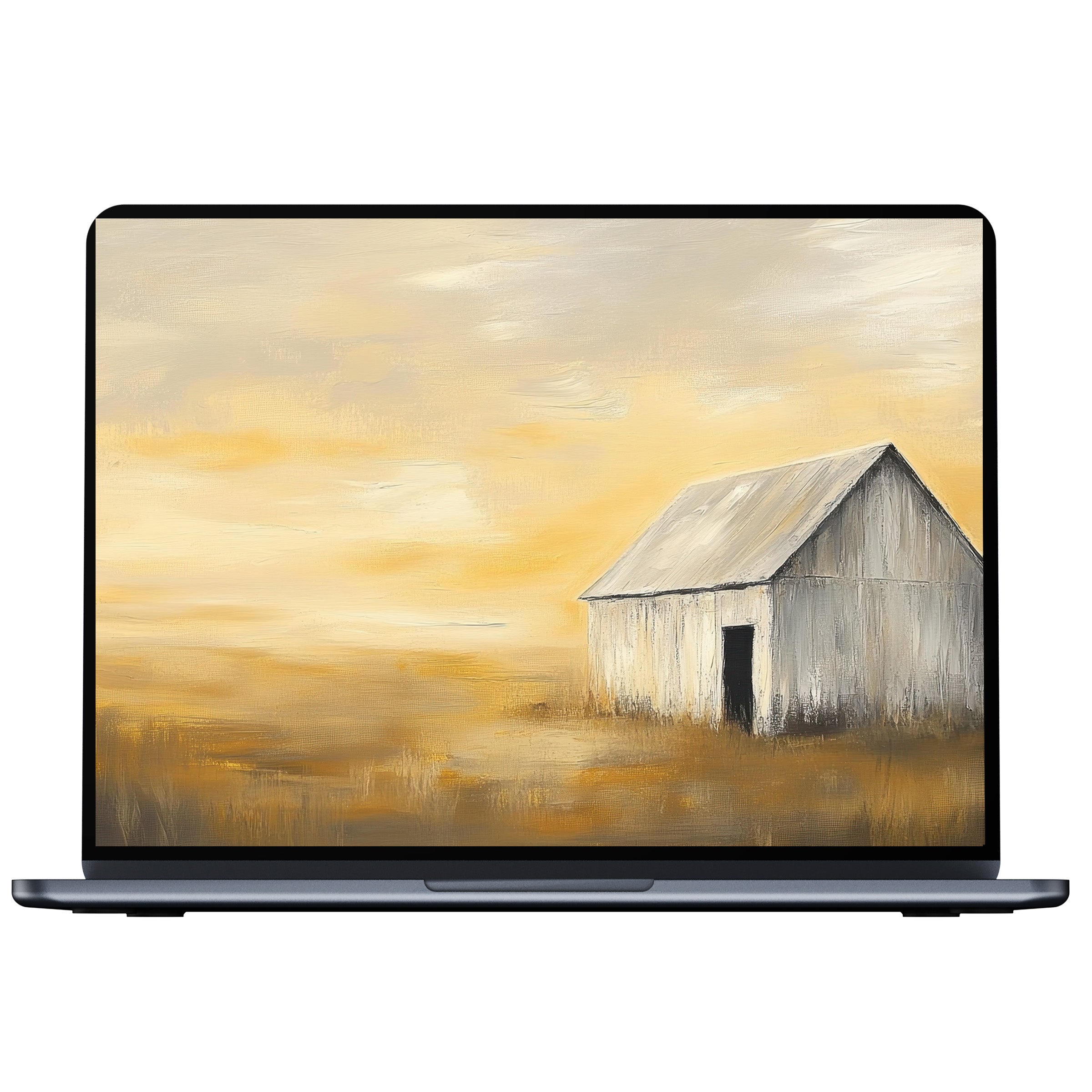 Summer desktop wallpaper digital download featuring serene golden hues and white barn art for PC or laptop background inspiration