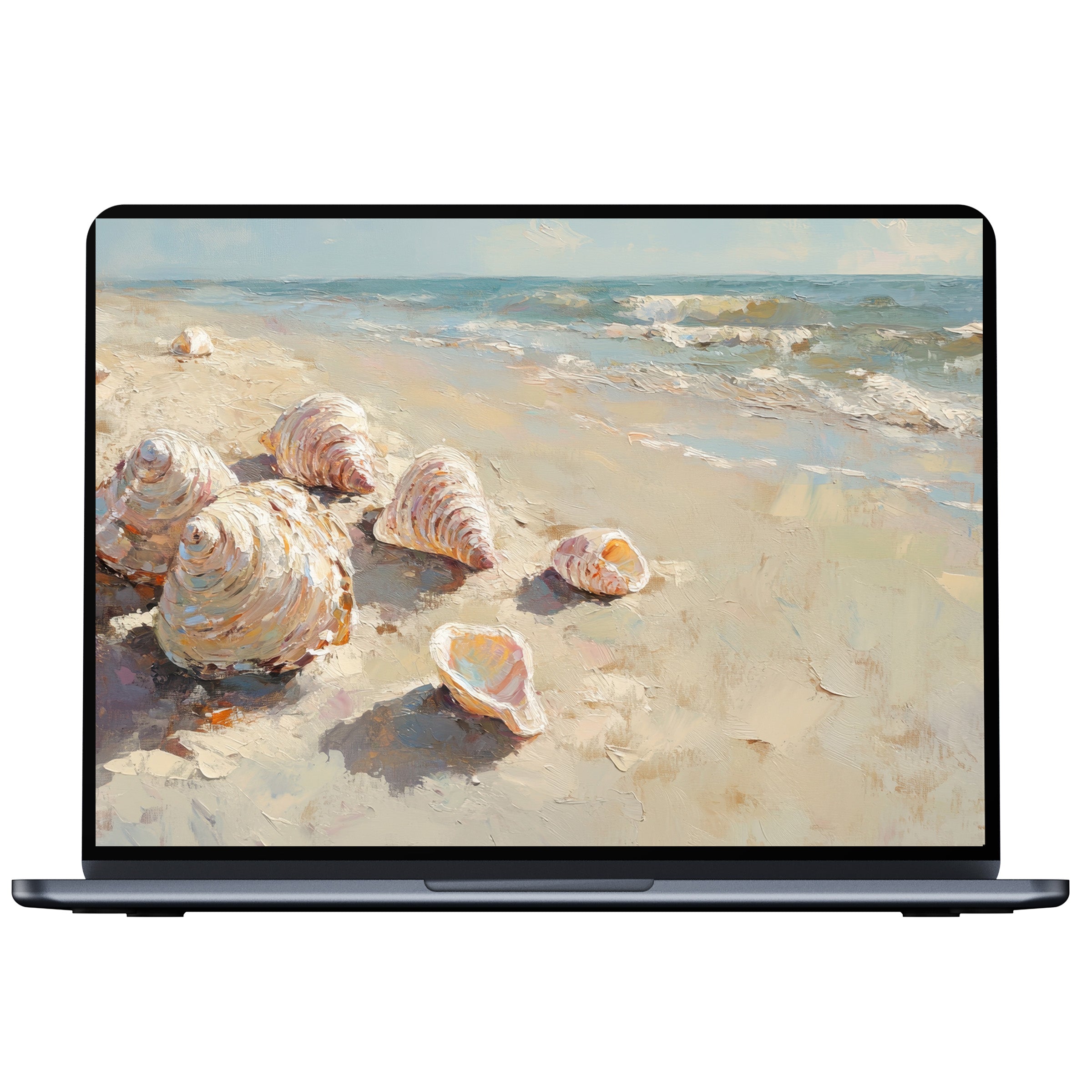 Summer desktop wallpaper featuring oil-painted seashells on a sandy beach, perfect digital download for PC and laptop tranquility