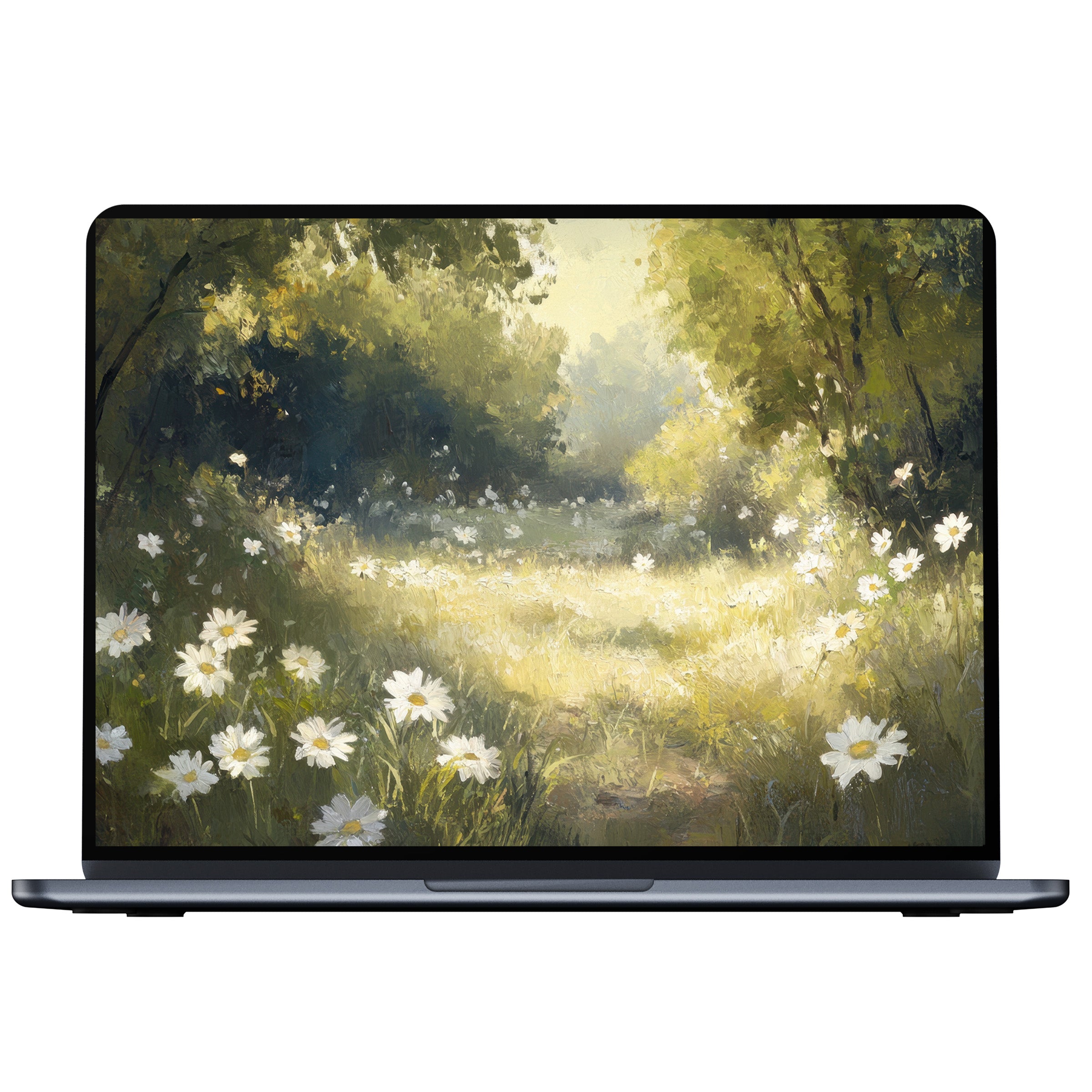 Lush summer desktop wallpaper features serene daisies and sunlight, perfect for PC or laptop users seeking digital download tranquility