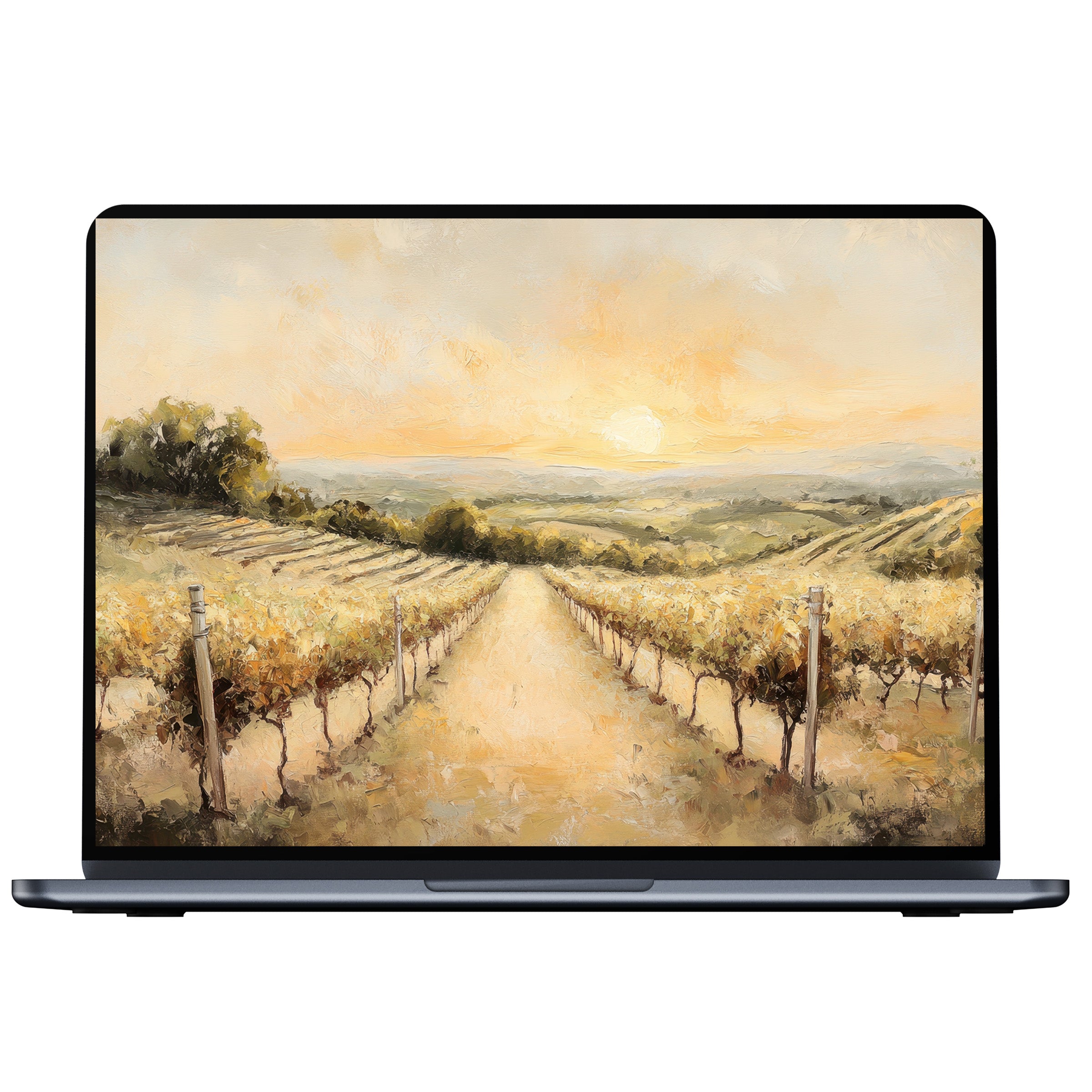Elegant summer desktop wallpaper digital download featuring serene vineyard landscape in warm tones perfect for PC and laptop screens