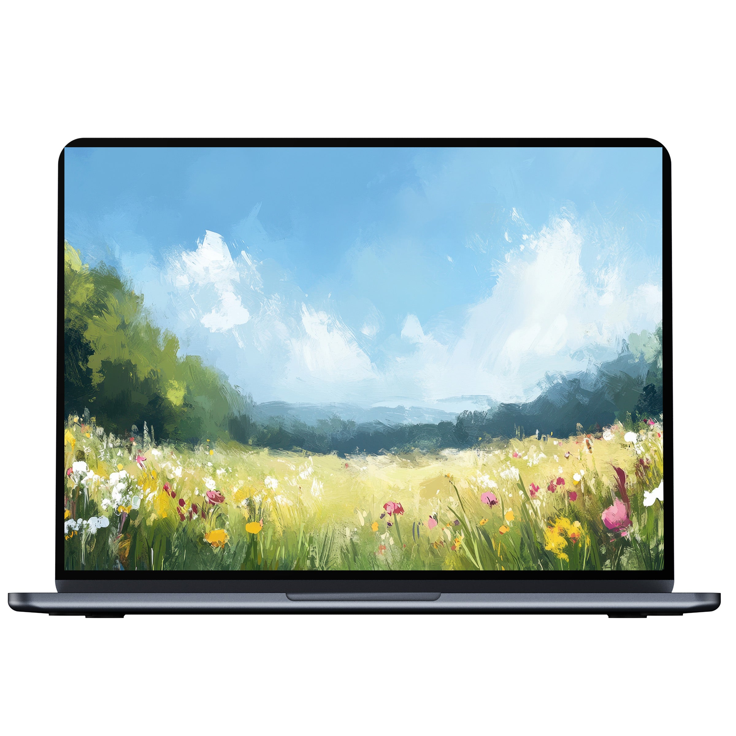 Summer desktop wallpaper with a serene field of wildflowers and blue sky brushstrokes for PC and laptop digital download