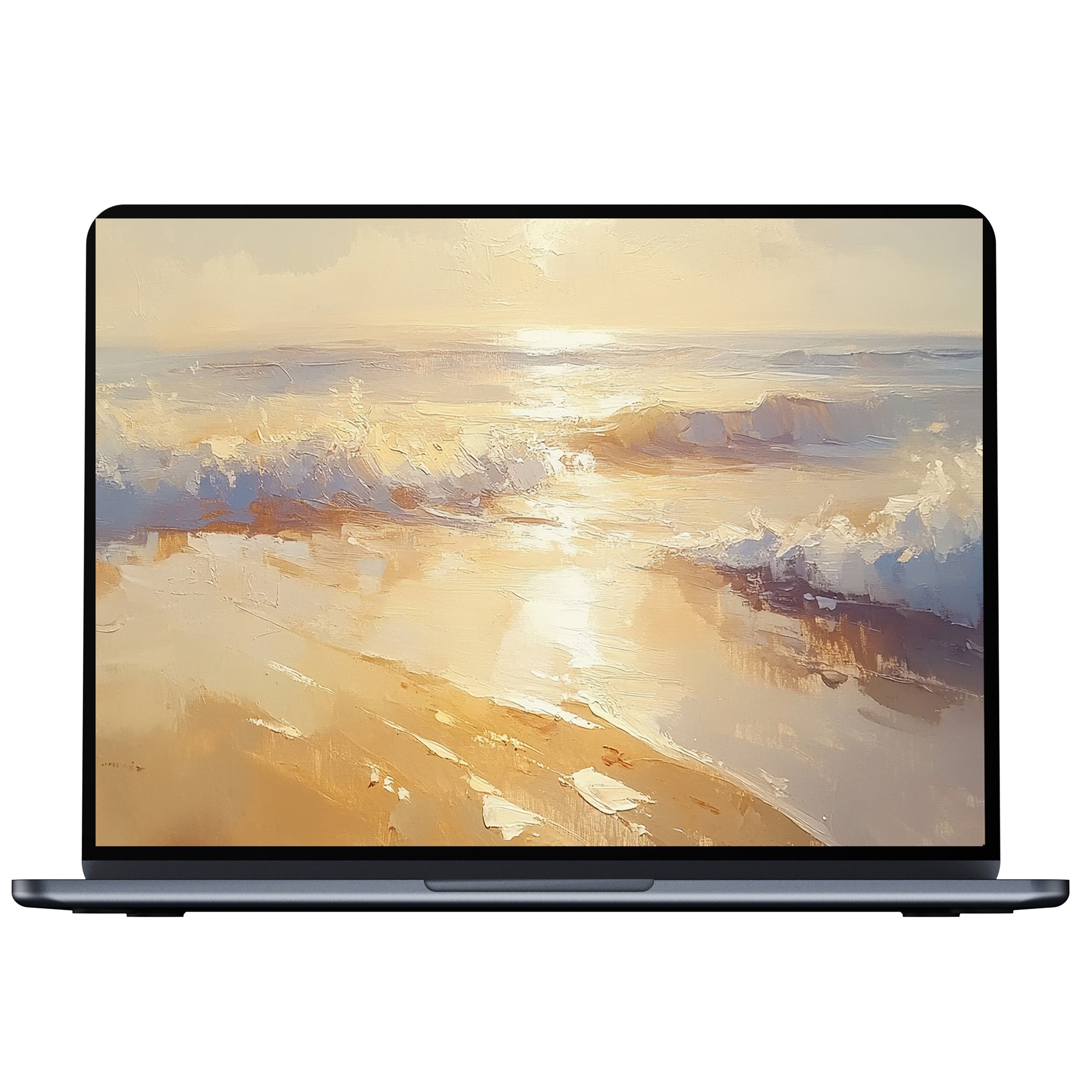Elegant, serene summer desktop wallpaper depicting a calming sunset over waves in an impressionist style digital download for PC and laptop