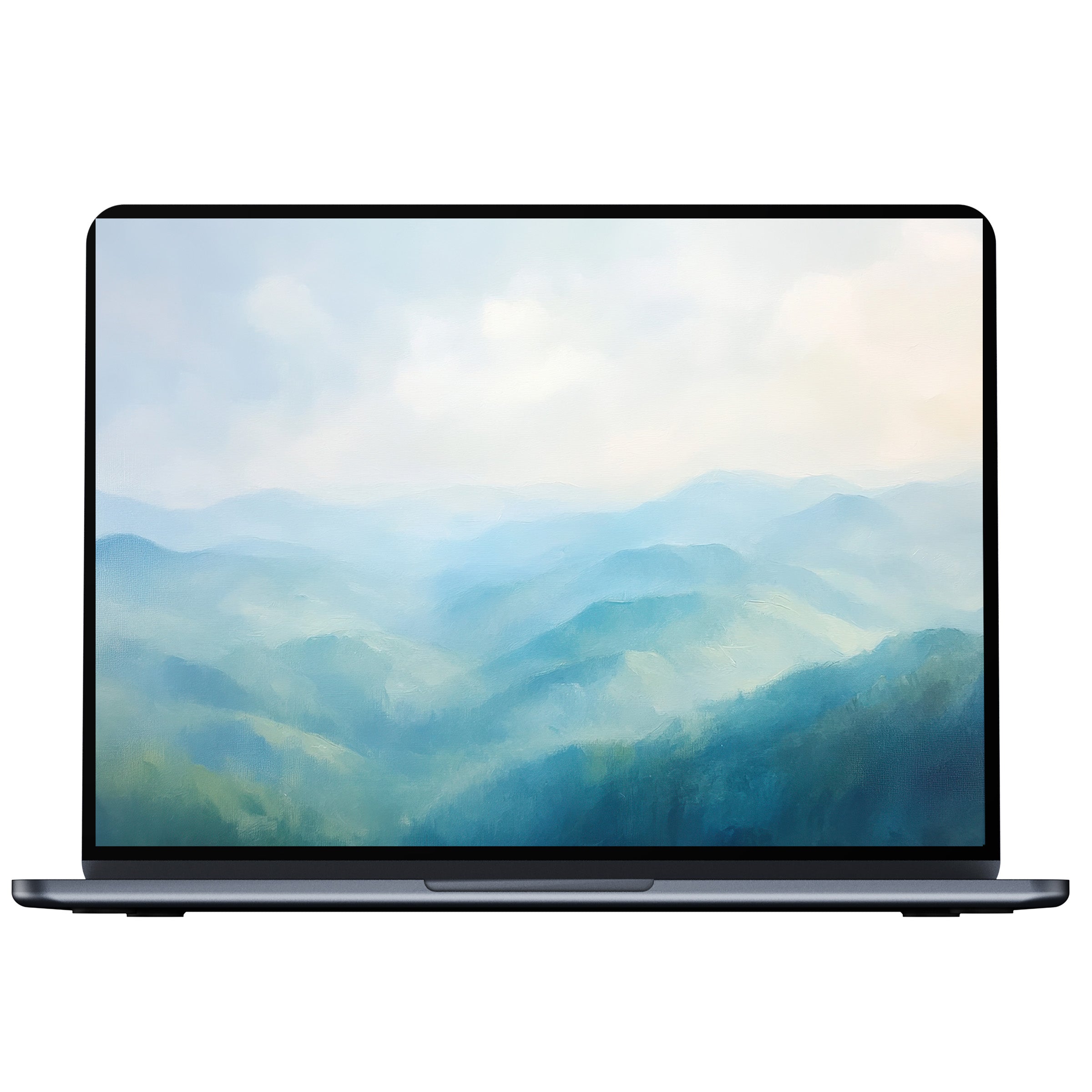 Dreamy summer desktop wallpaper featuring serene blue-green mountains in soft hues for PC and laptop digital download