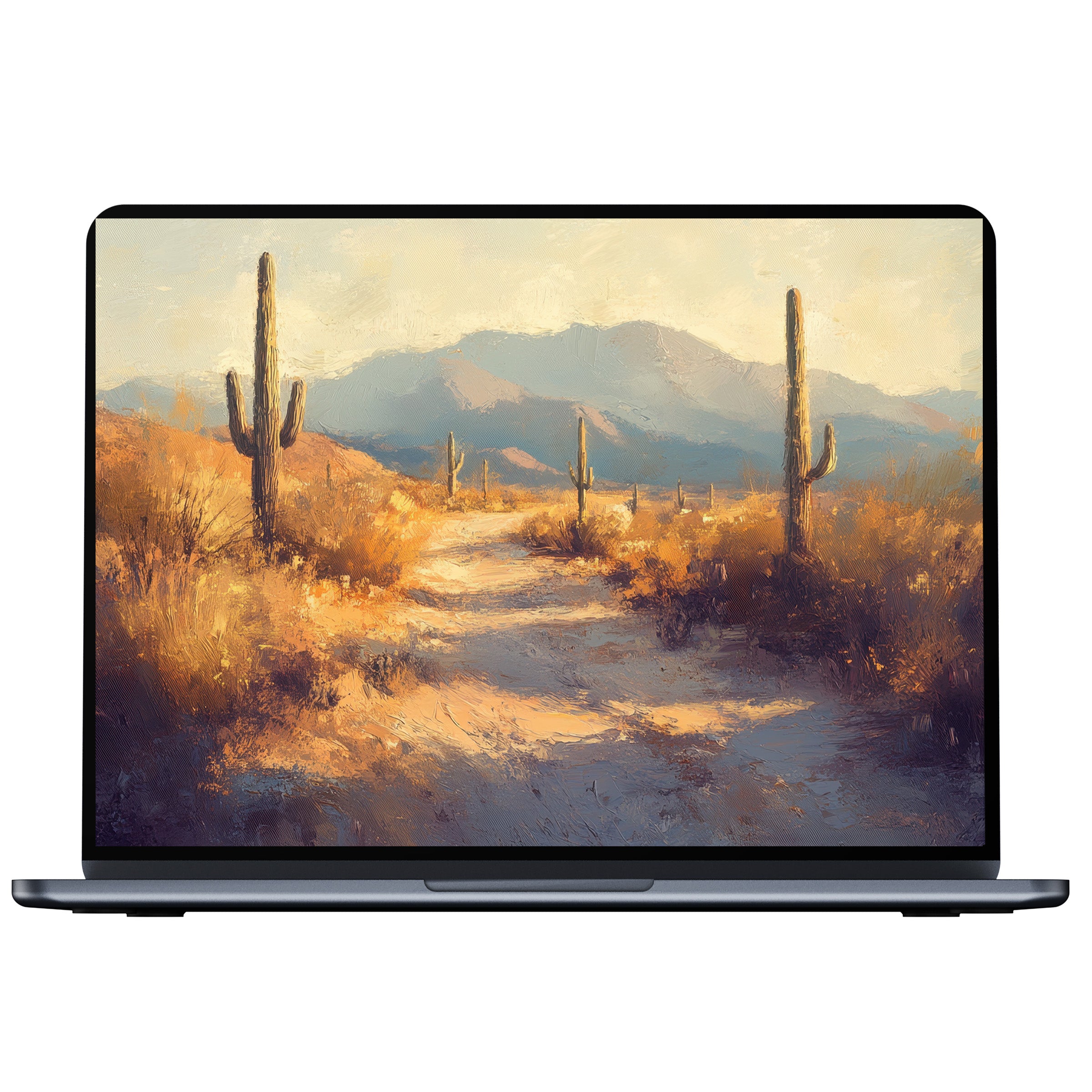 Summer desktop wallpaper featuring a serene desert landscape with cacti and mountains offering calm elegance for PC or laptop digital download