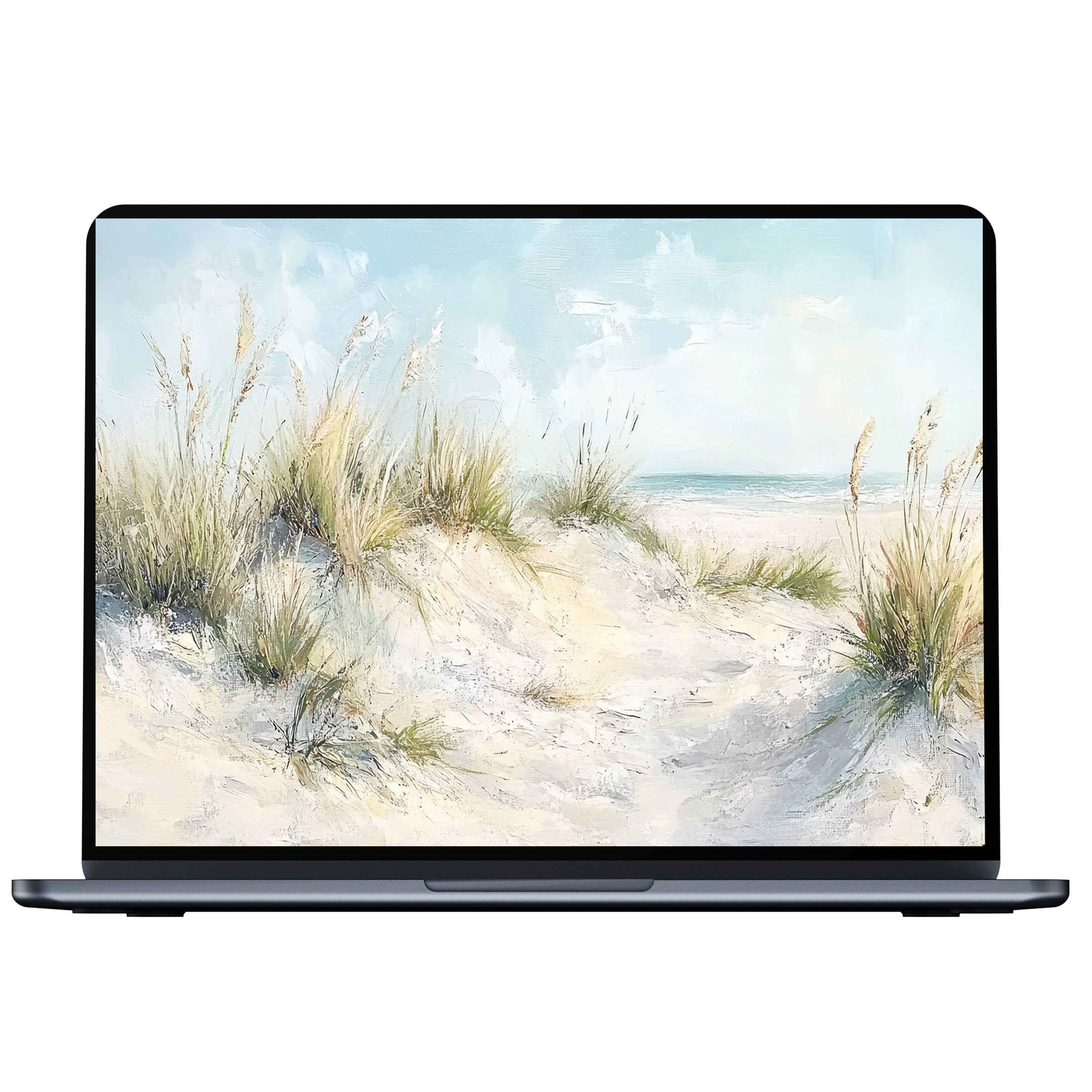 Serene summer desktop wallpaper for PC and laptop, featuring elegant beach dunes in soft pastels for mindful digital download
