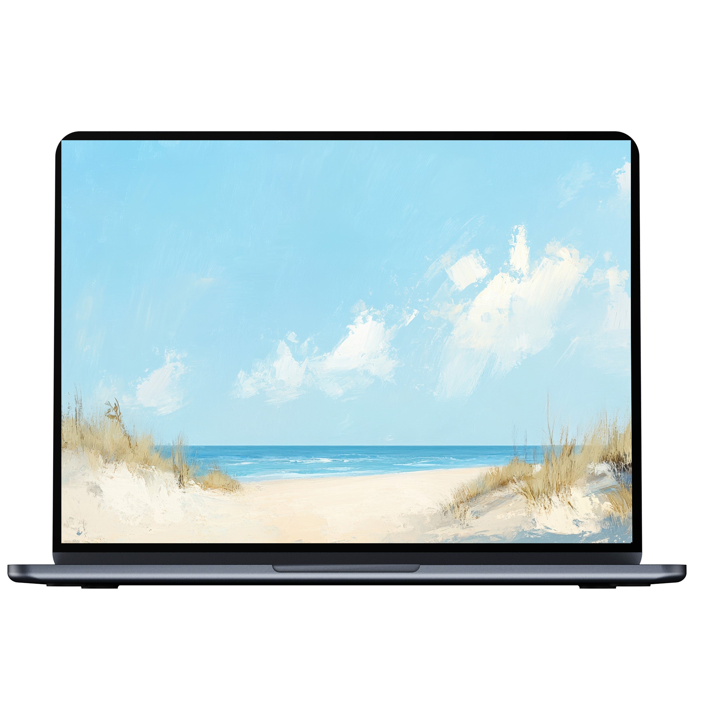 Summer desktop wallpaper digital download featuring serene beach with blue skies and gentle waves for PC and laptop screens