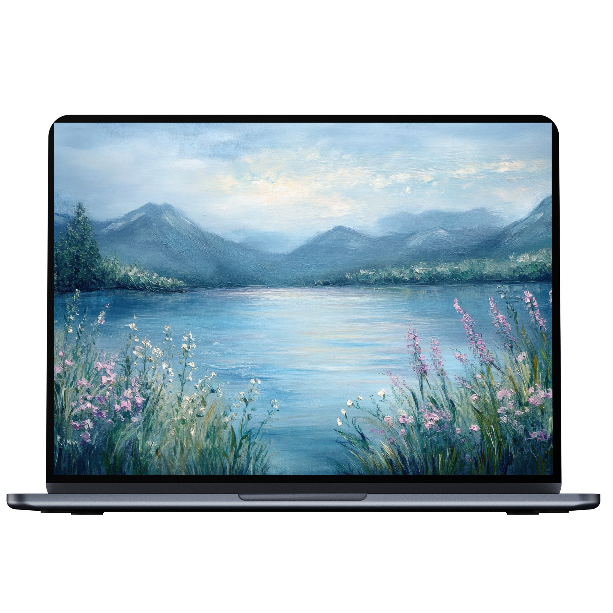 Elegant summer desktop wallpaper with serene lake, mountains, and wildflowers digital download for PC and laptop calming aesthetics