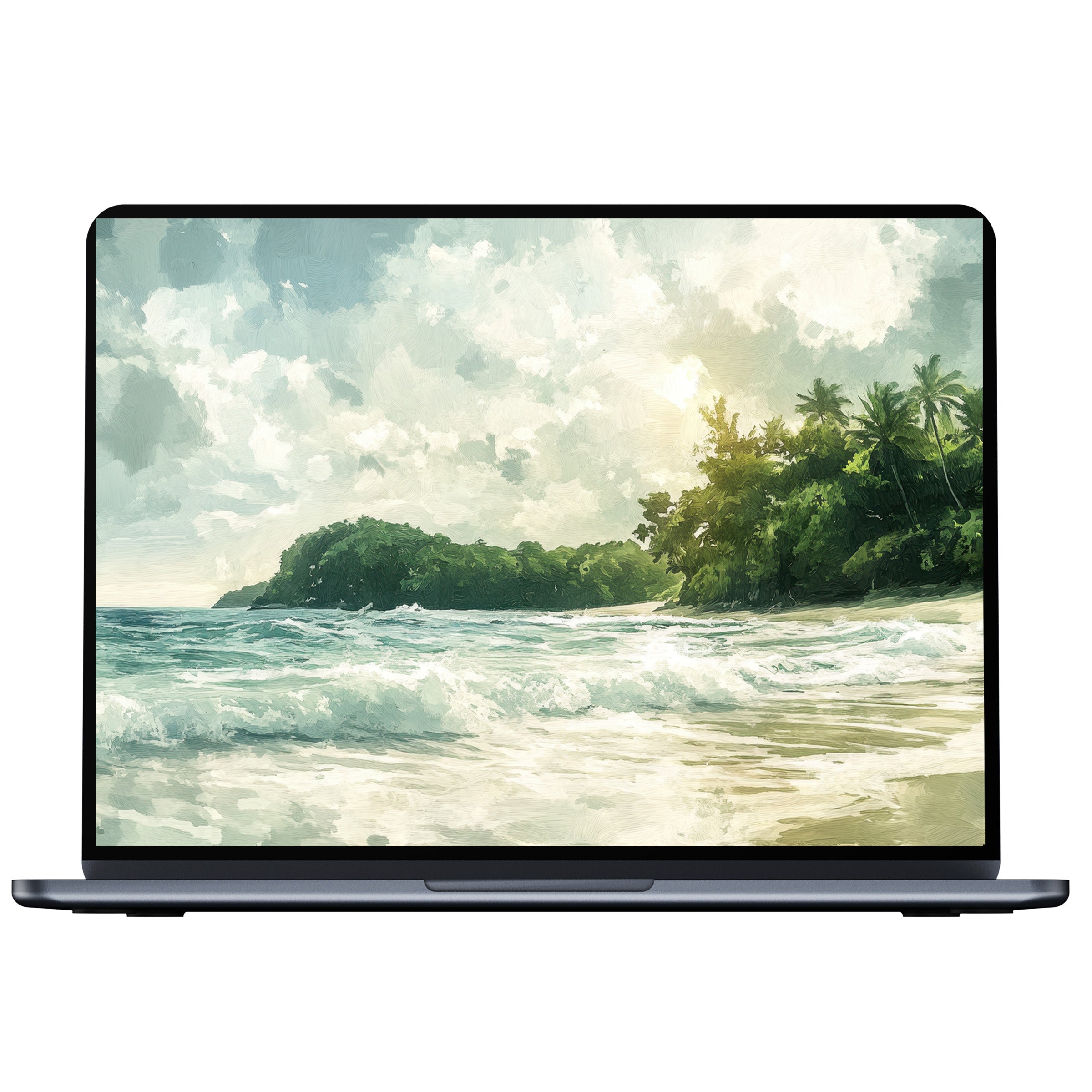 Summer desktop wallpaper with serene ocean waves and lush greenery for PC and laptop digital download enhances elegance and calm