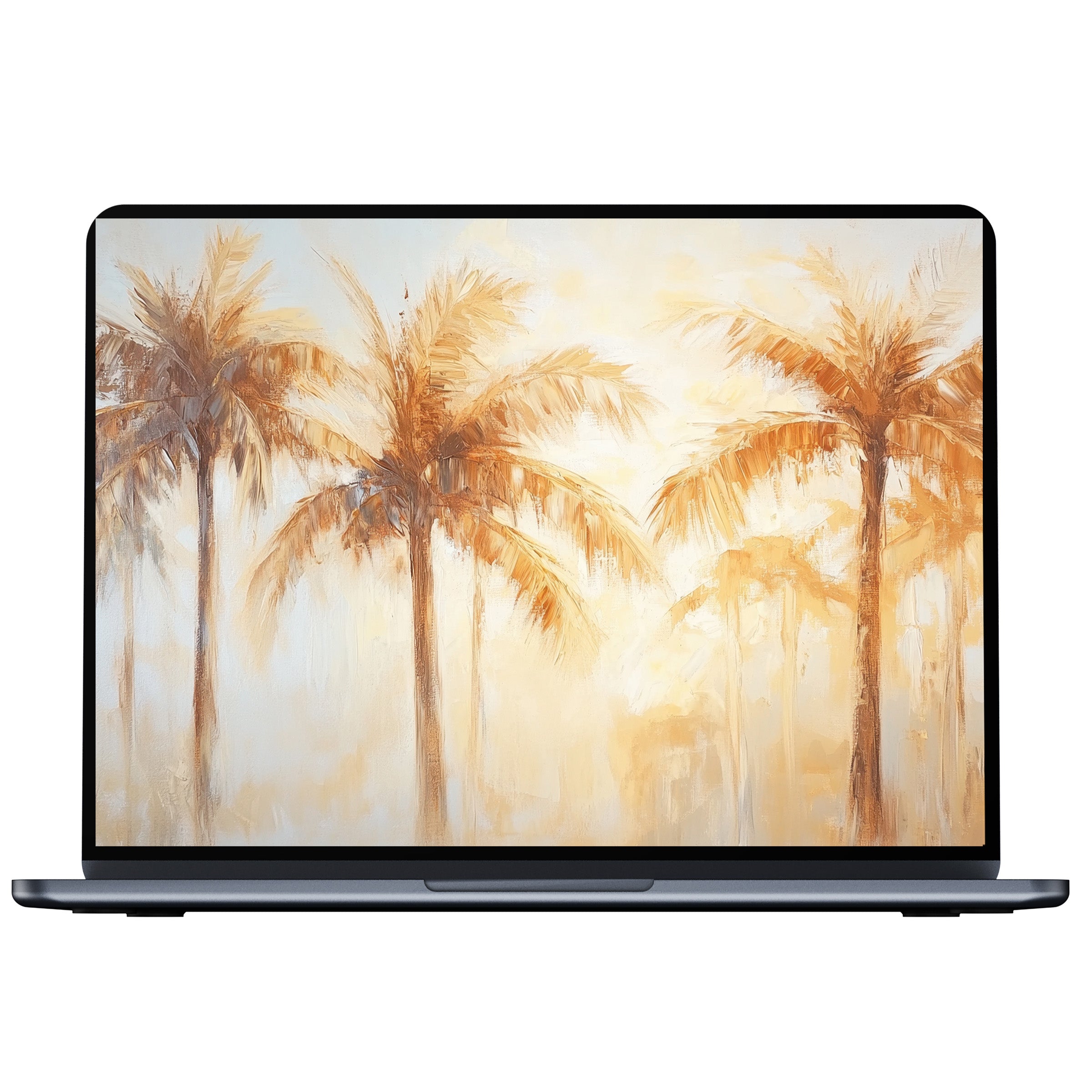Elegant summer desktop wallpaper with serene palm trees in warm tones, ideal digital download for PC and laptop users seeking calm inspiration