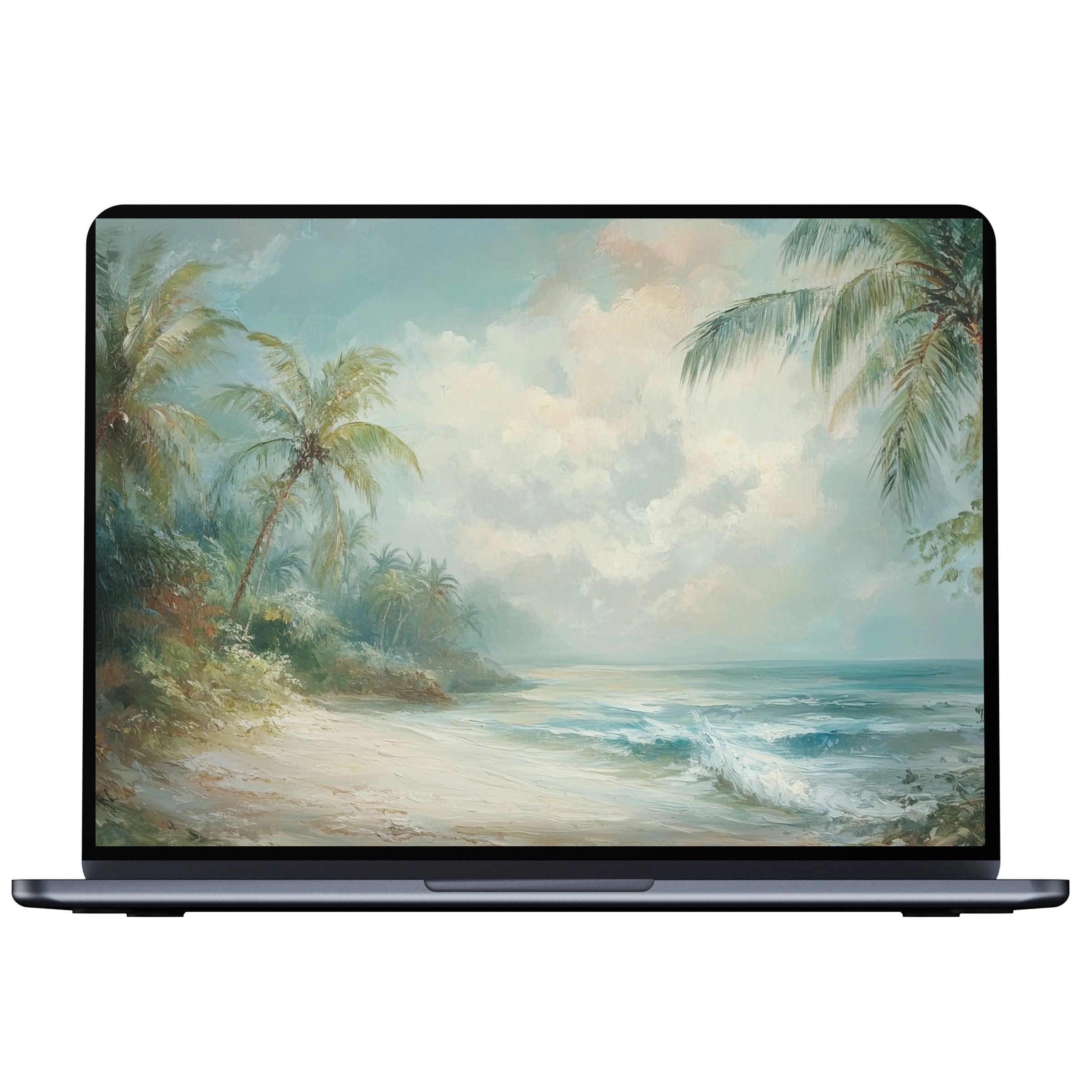 Tranquil summer desktop wallpaper features a serene beach scene; ideal digital download for PC or laptop, bringing calm inspiration
