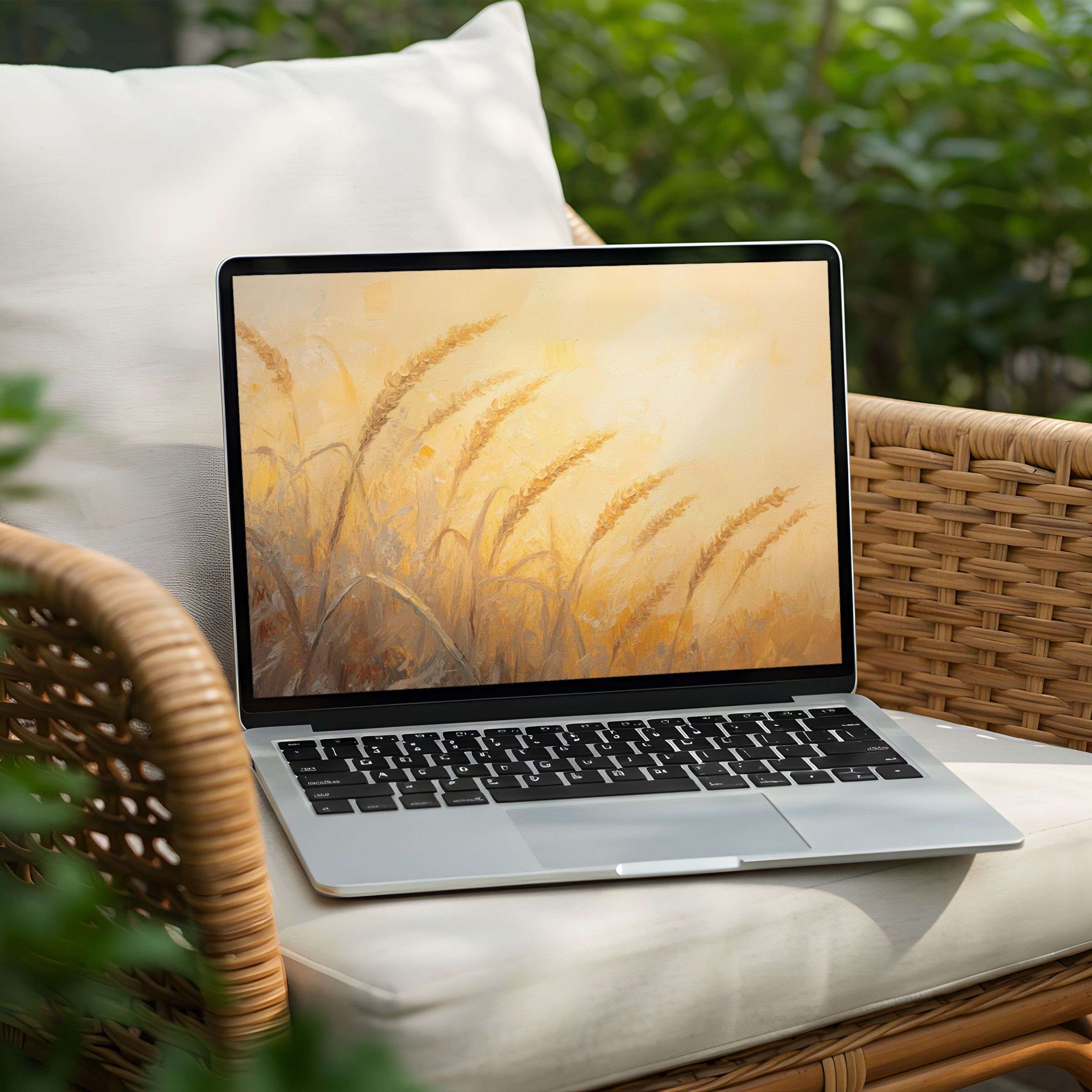 Elegant golden wheat desktop background on a laptop offers instant download for PC users seeking mindfulness and calming aesthetics