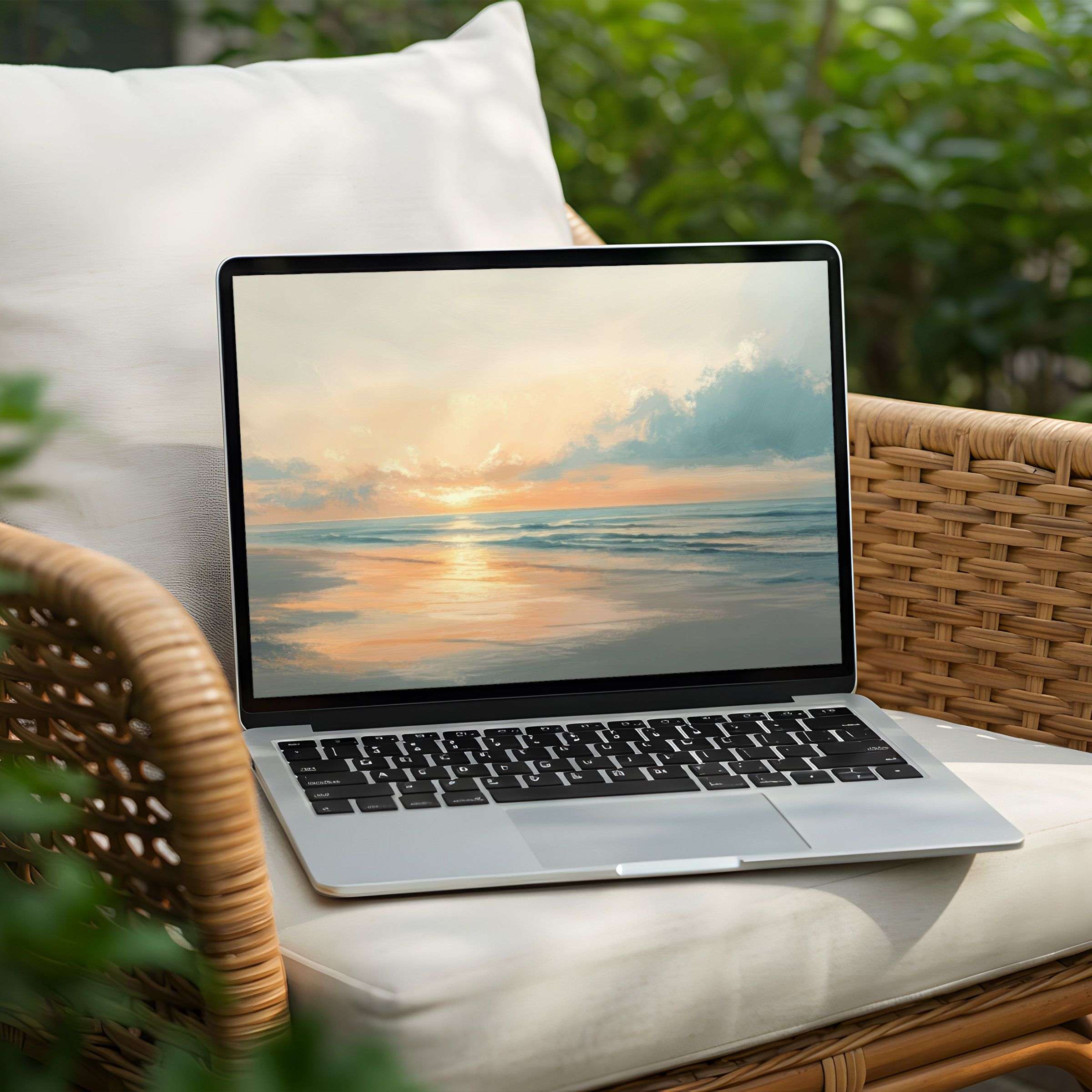 Inspirational beach painting on PC desktop background for Laptop offering instant download for an elegant, calming touch