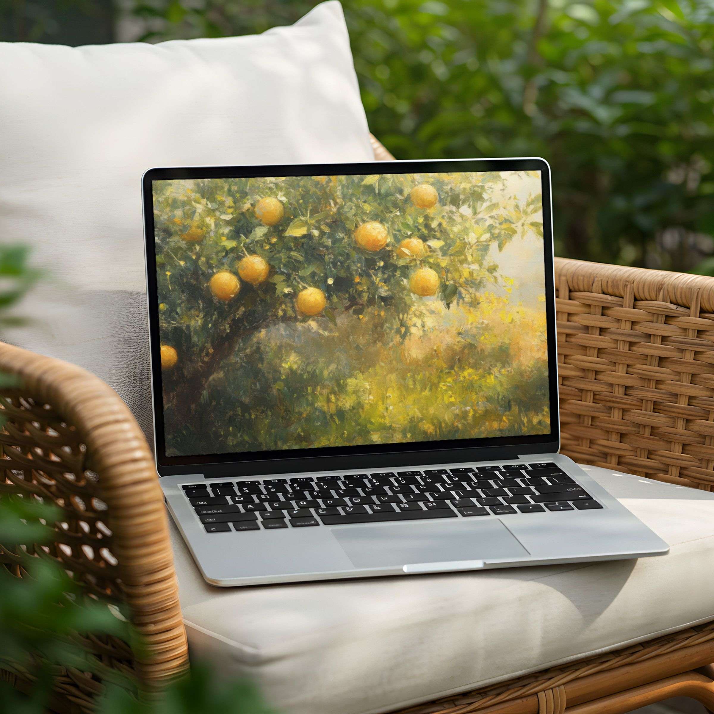 Elegant painting of oranges in sunlight as a desktop background for PC or Laptop offering instant download and calm inspiration