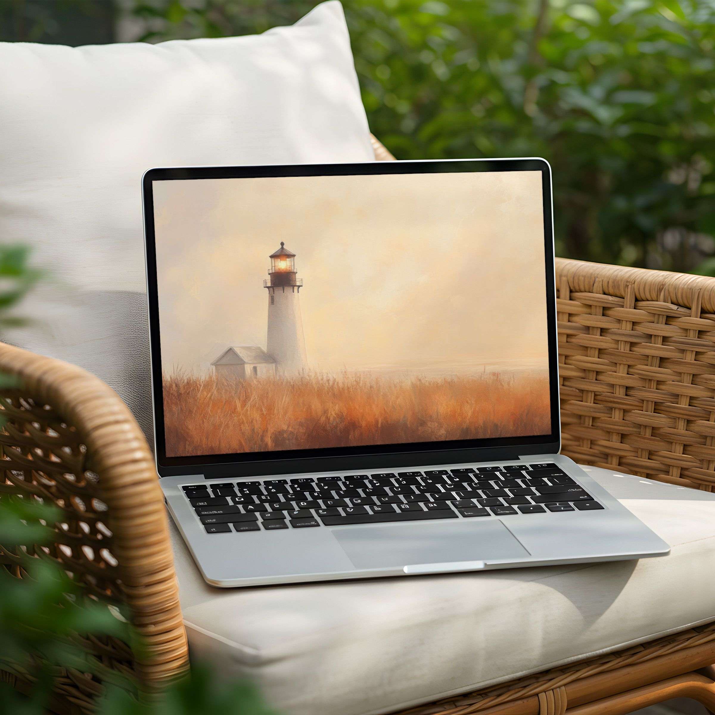 Serene lighthouse artwork desktop background for PC or Laptop; instant download for a calm, elegant, and inspiring digital touch