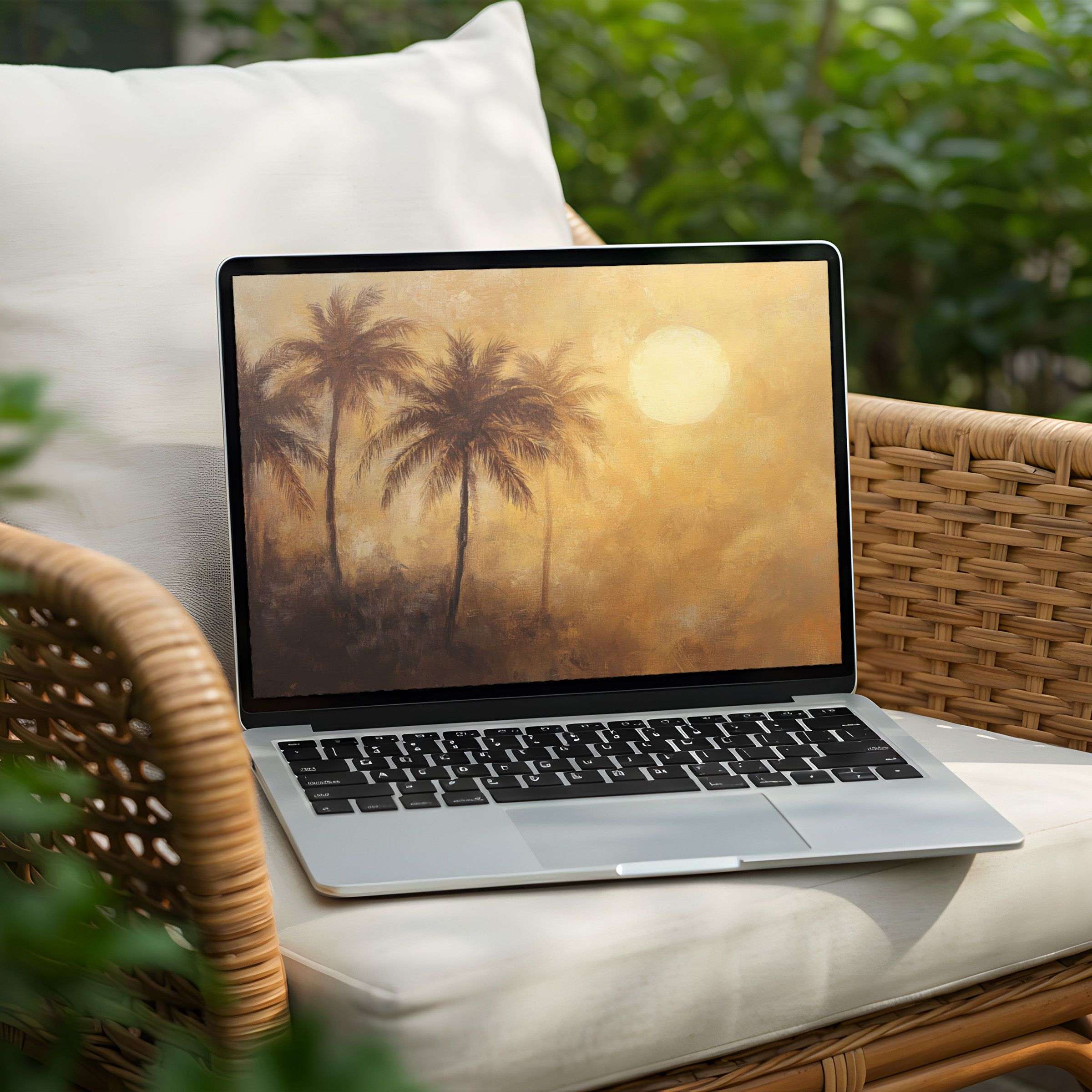 Elegant palm tree sunset digital art enhances your PC or Laptop with a serene desktop background available for instant download