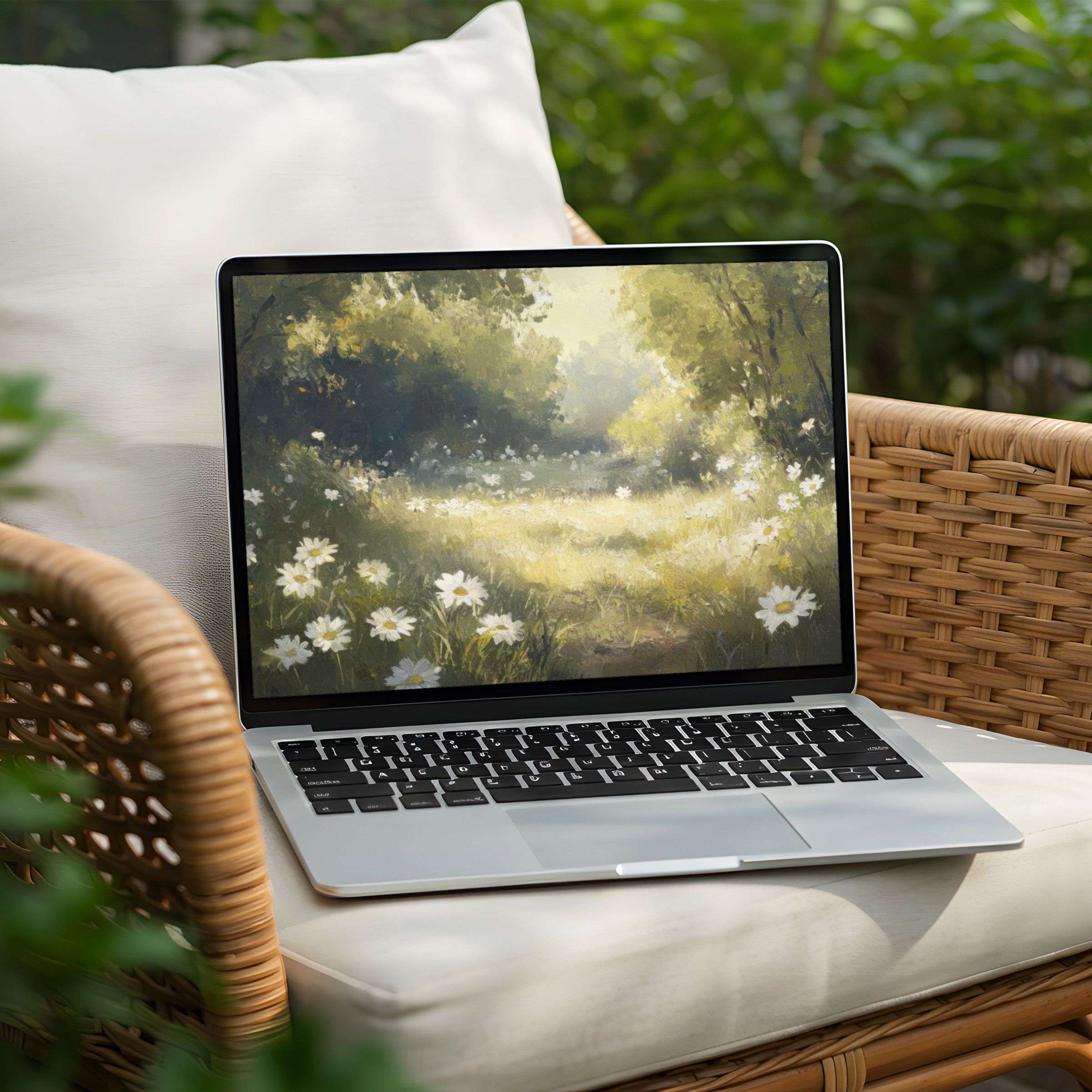 Elegant digital art desktop background for PC and Laptop, capturing sunny daisies in a serene field, offering instant download