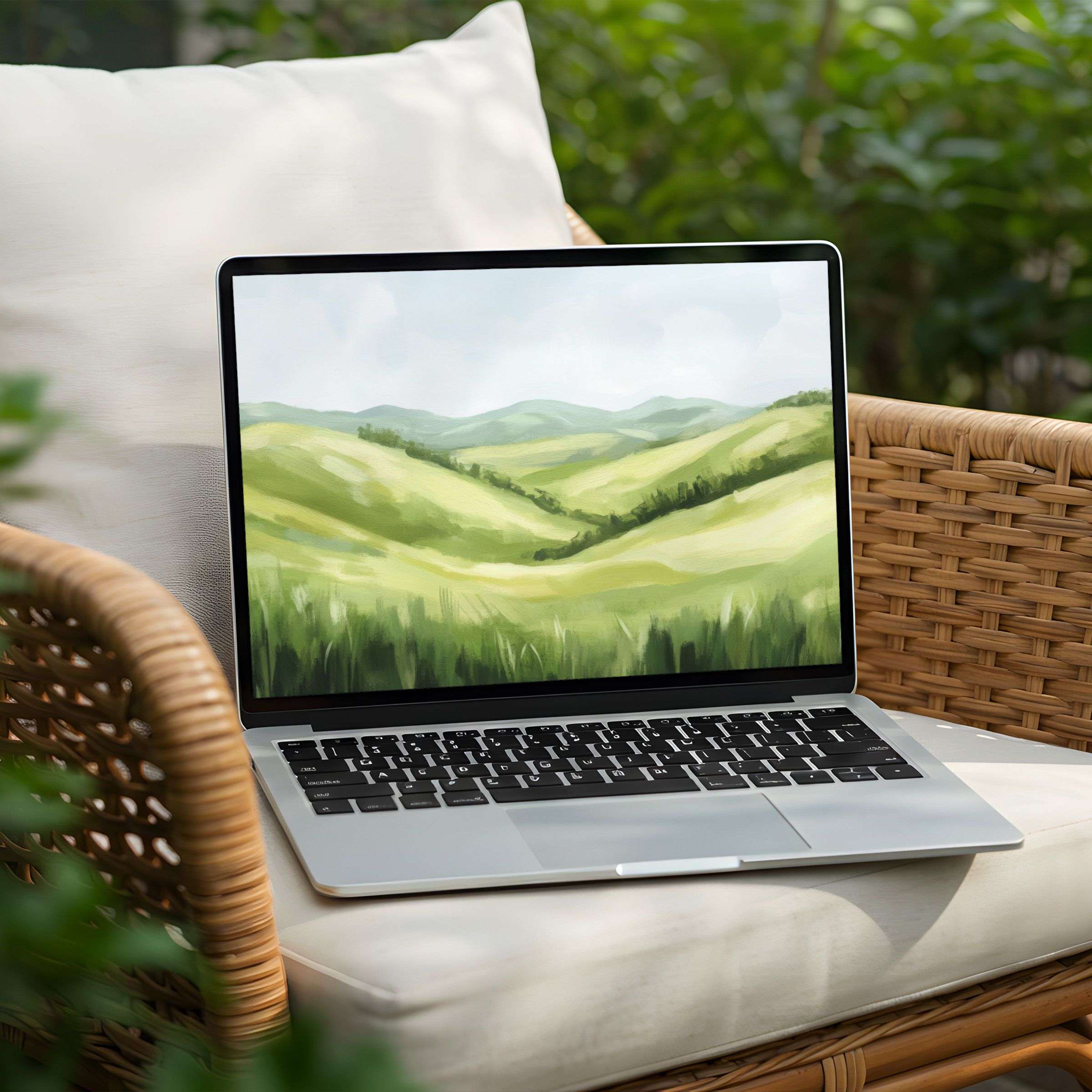 Elegant green landscape desktop background on Laptop for instant download inspires calm, mindfulness, and design on your PC