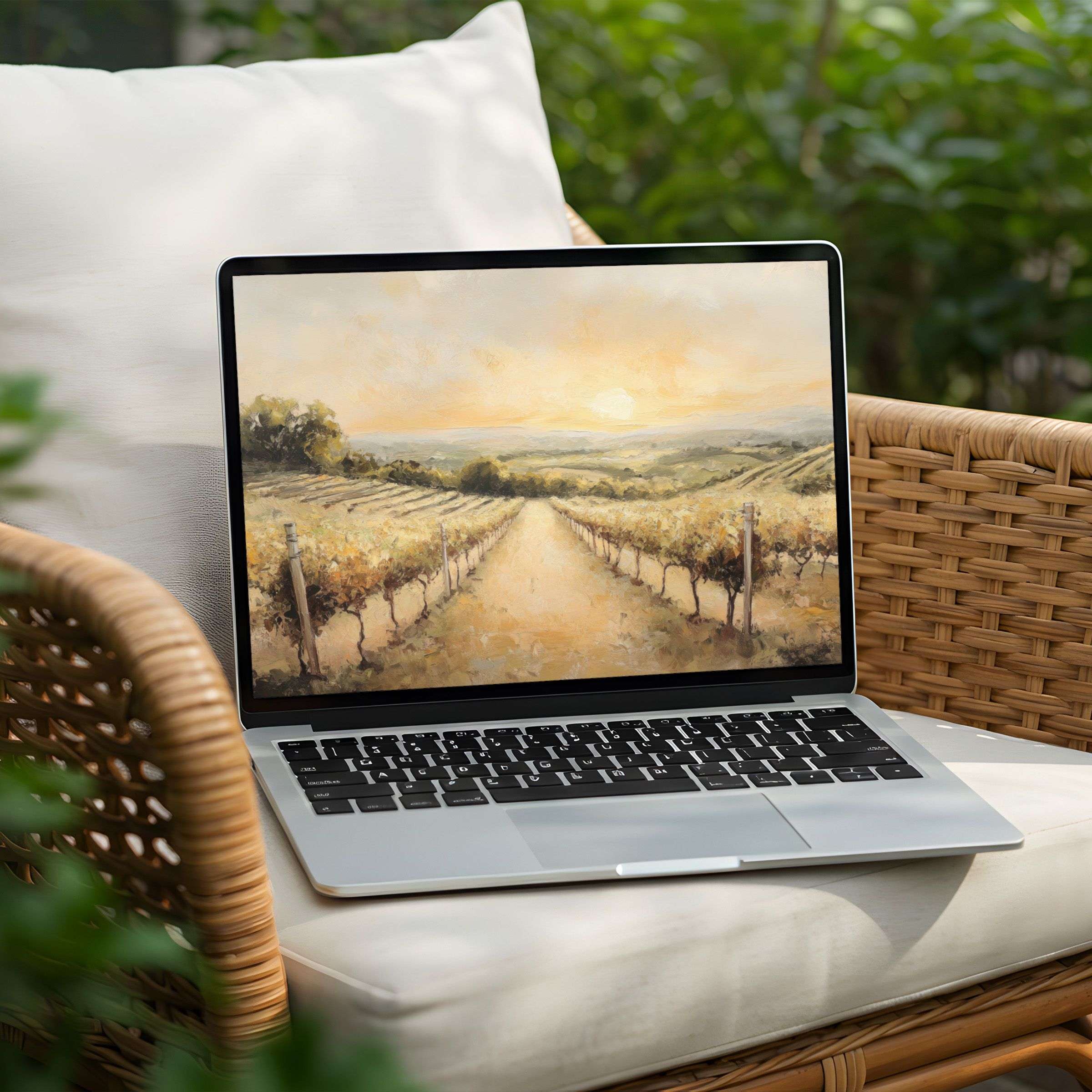 Serene landscape painting as a desktop background on PC or Laptop for instant download evokes calm elegance and inspiration