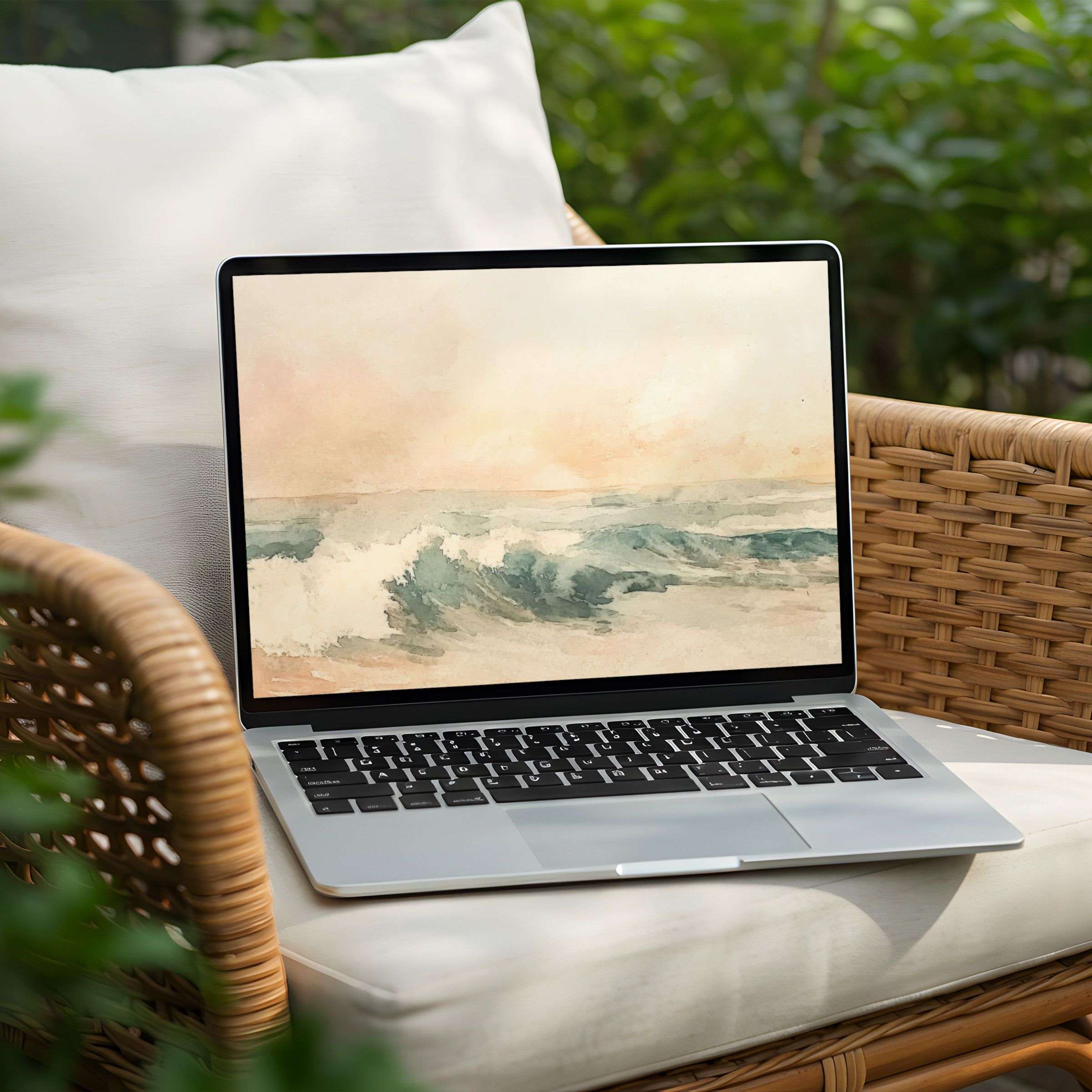 Elegant watercolor seascape desktop background for PC or Laptop brings calm and inspiration with instant download option