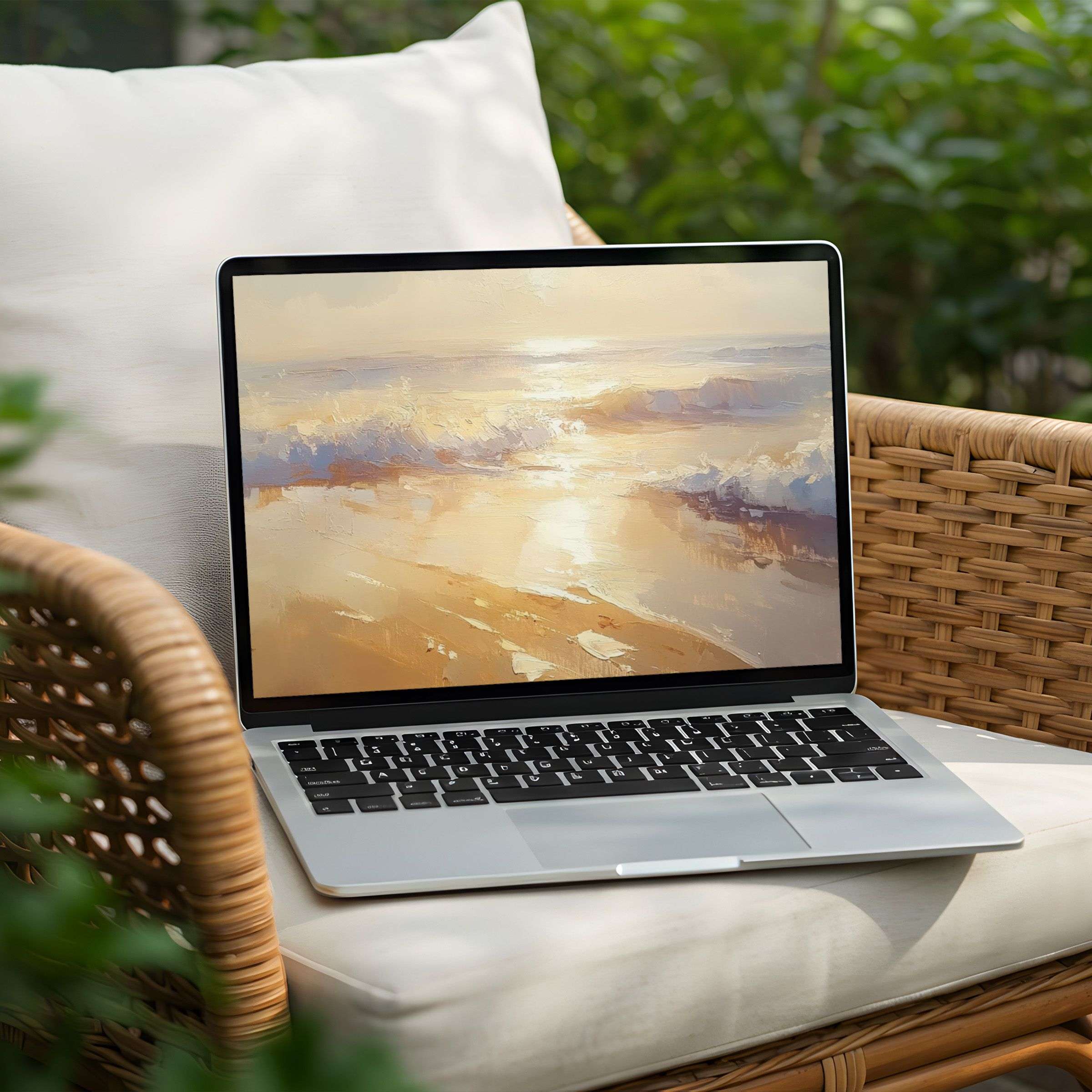 Elegant ocean waves painted in soft golden hues on a PC Laptop, perfect for a calming desktop background instant download