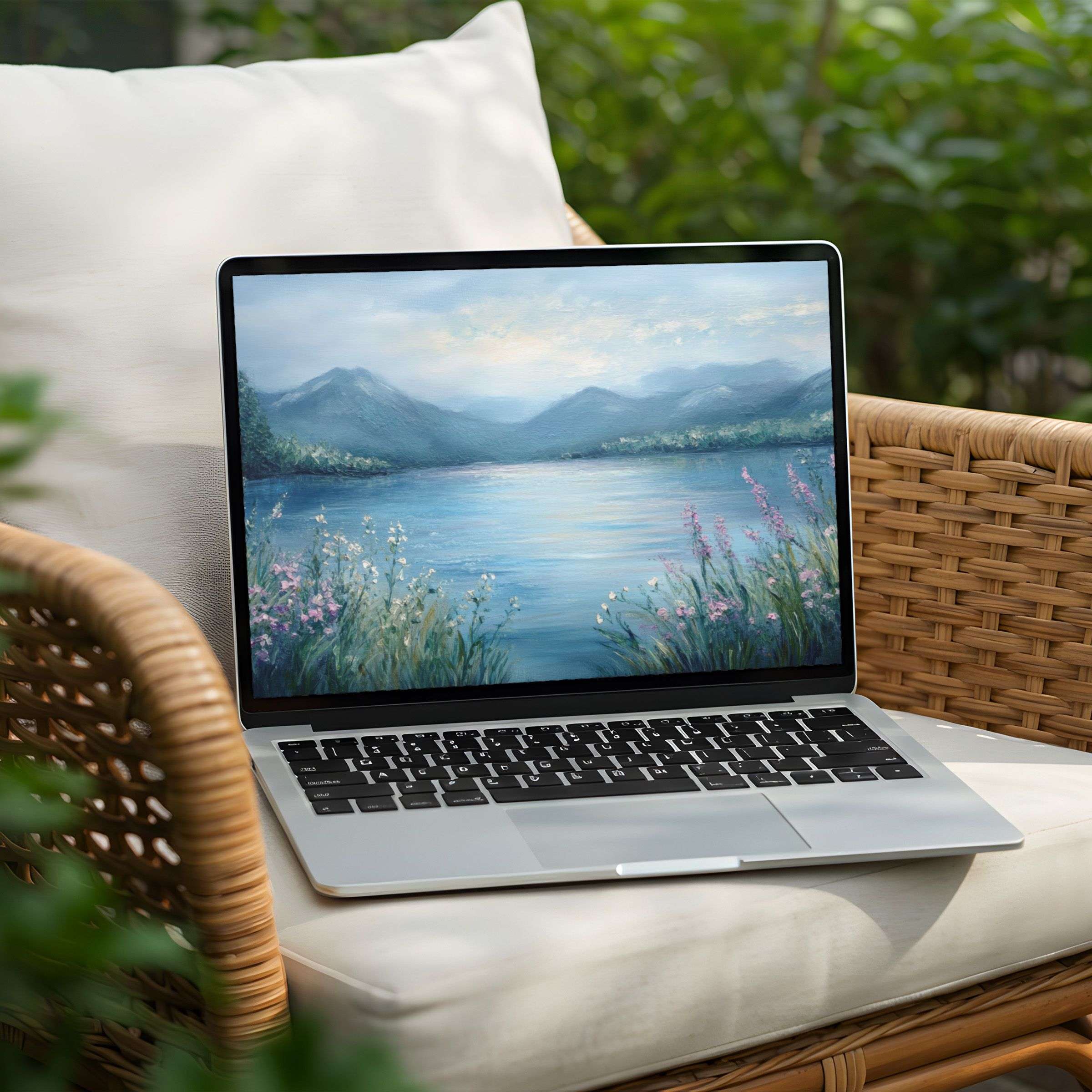 Elegant and calming mountain lake desktop background for PC and Laptop as an instant download for mindful inspiration