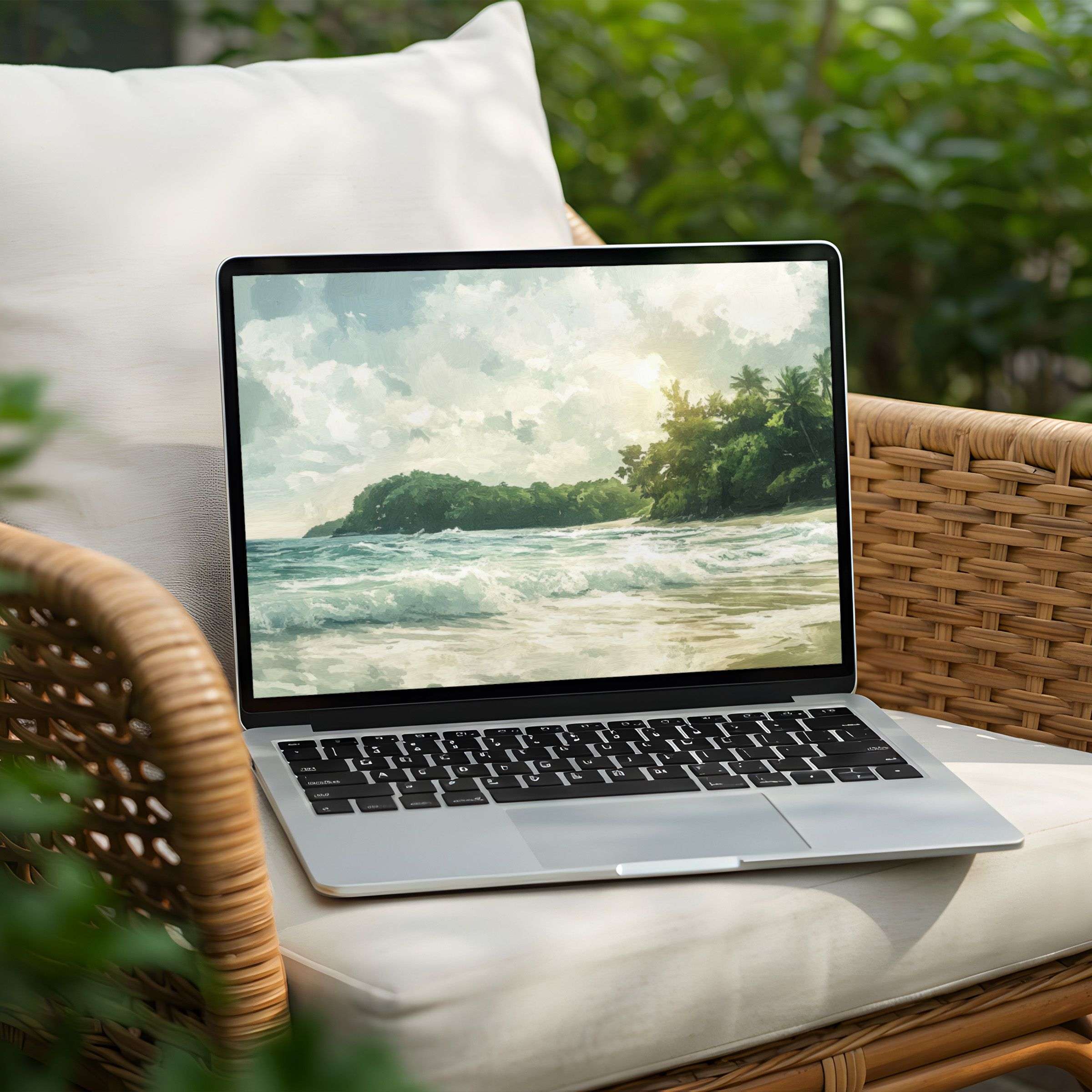 A serene coastal painting as a desktop background on a Laptop brings elegance and calm; instant download for PC users