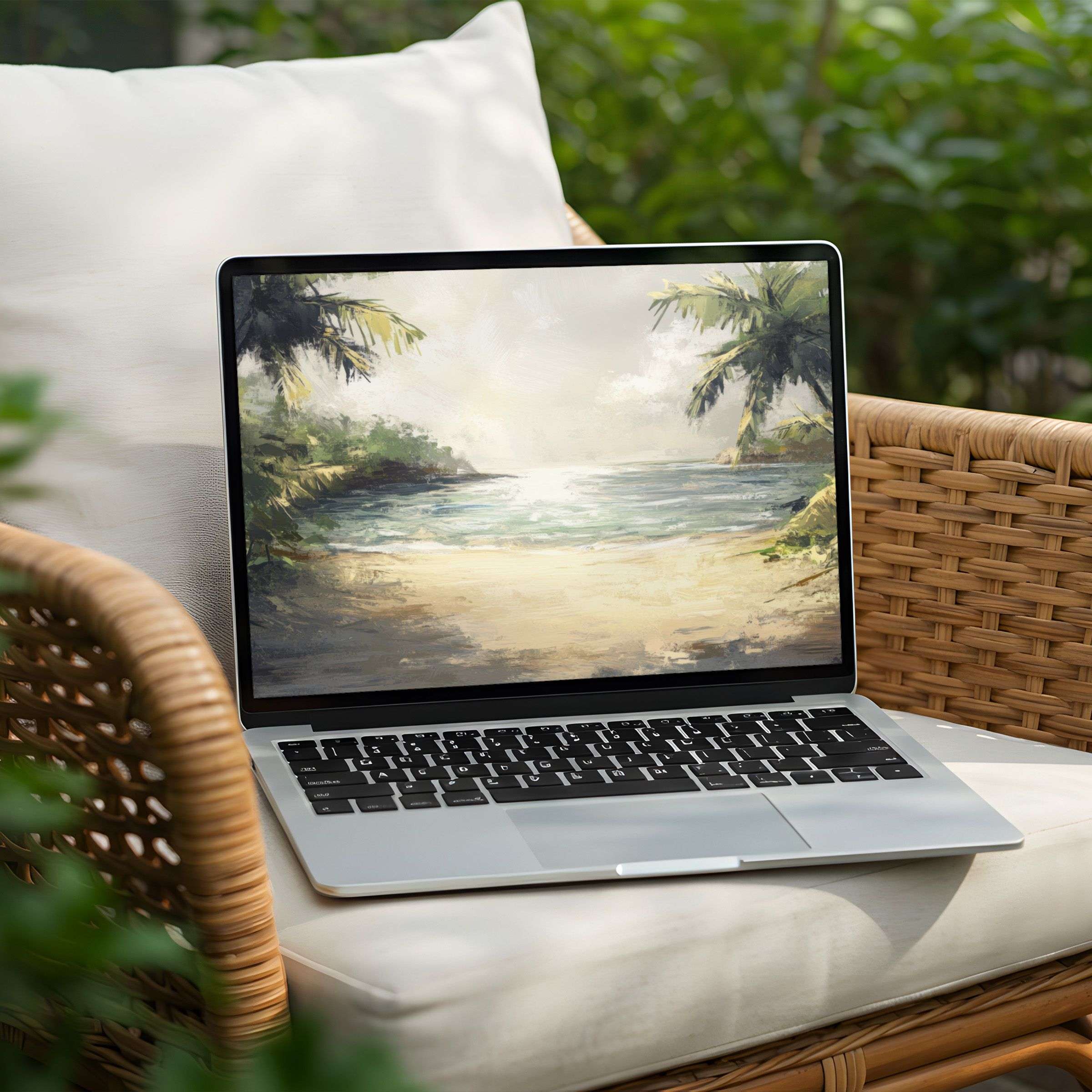 Elegant desktop background for PC or Laptop with serene beach art in soft tones, offering instant download for calm and inspiration