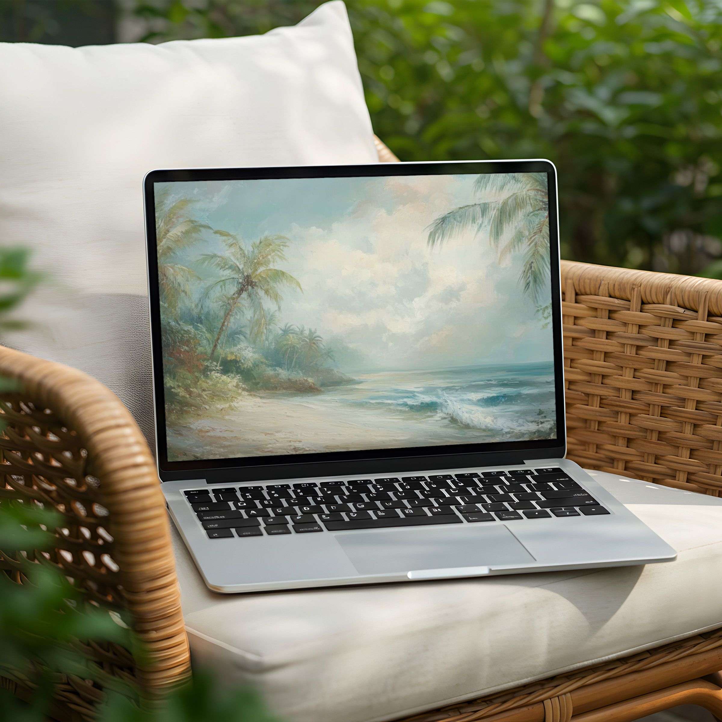 Elegant beach scene desktop background for PC and Laptop instant download evokes calm and inspiration through soft, serene pastels