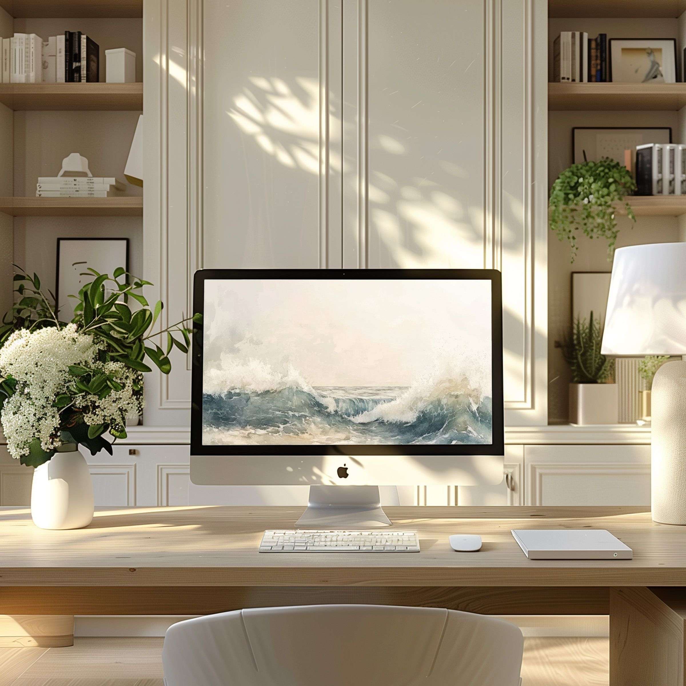 Ocean-inspired wallpaper for computer on an elegant PC and laptop setup enhances a modern home office with calm and inspiration