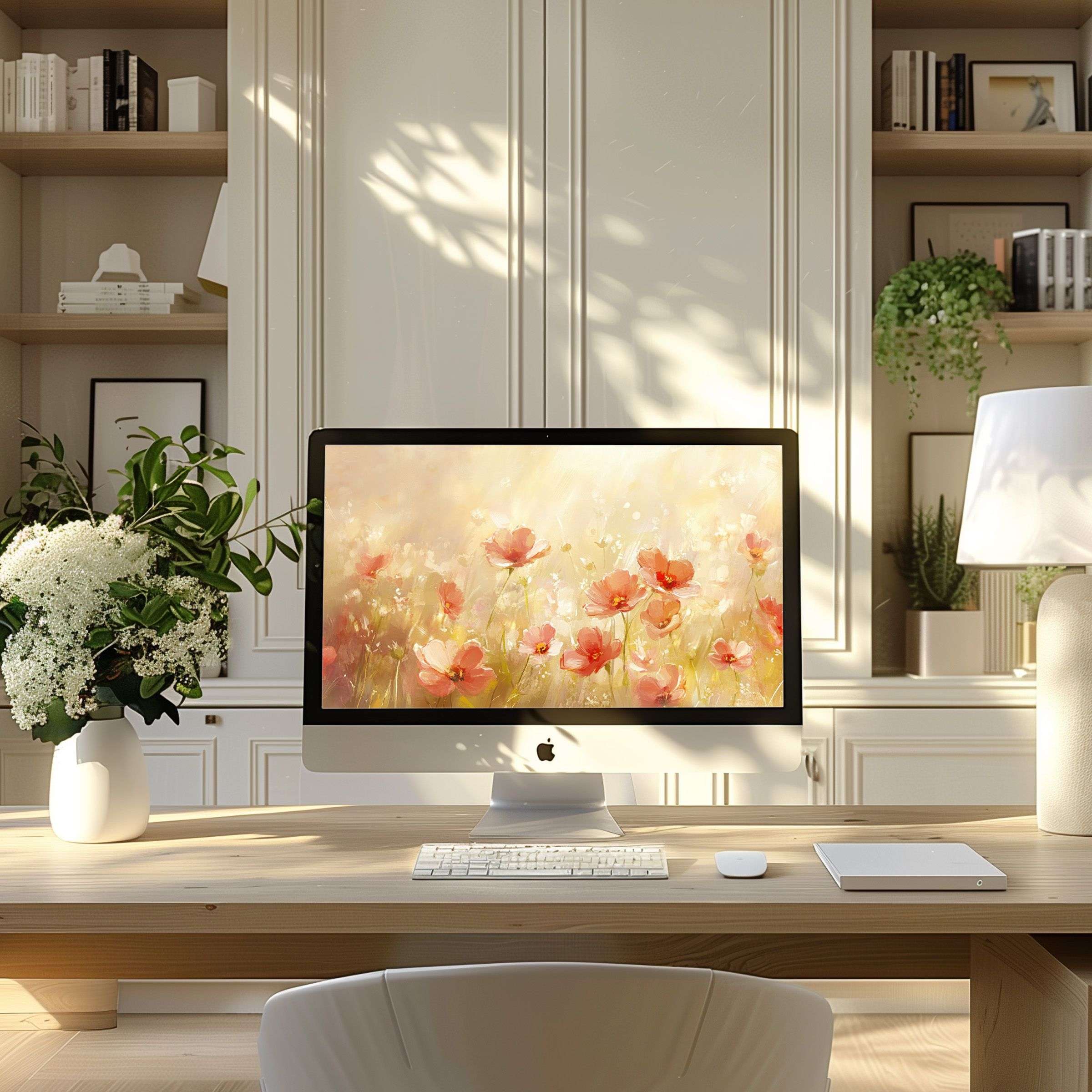 Romantic floral wallpaper for computer creates calm elegance in a modern home office, perfect for PC or laptop, offering inspiration