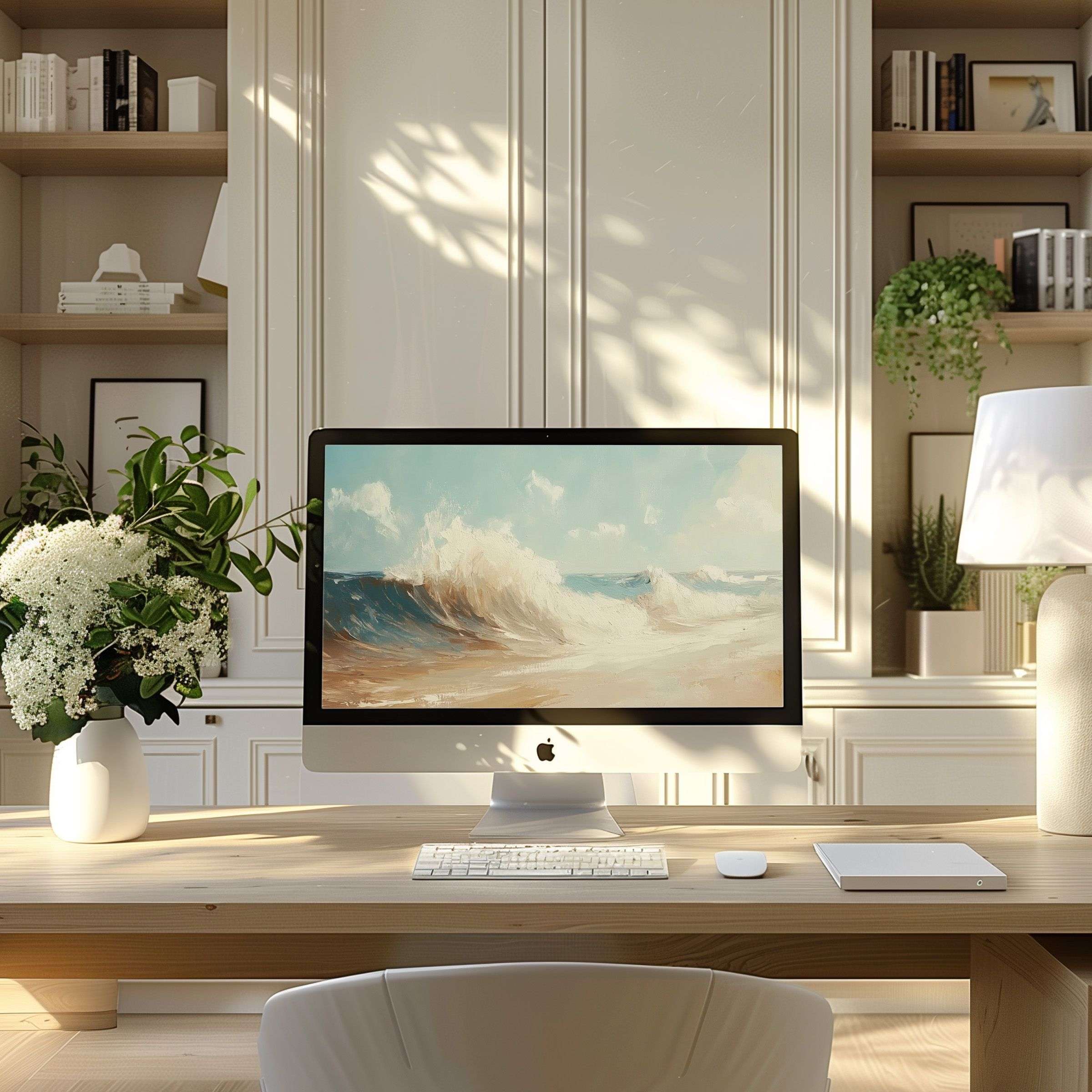 Elegant oceanic artwork as wallpaper for computer PC and Laptop in a serene modern office inspires calm and visual harmony