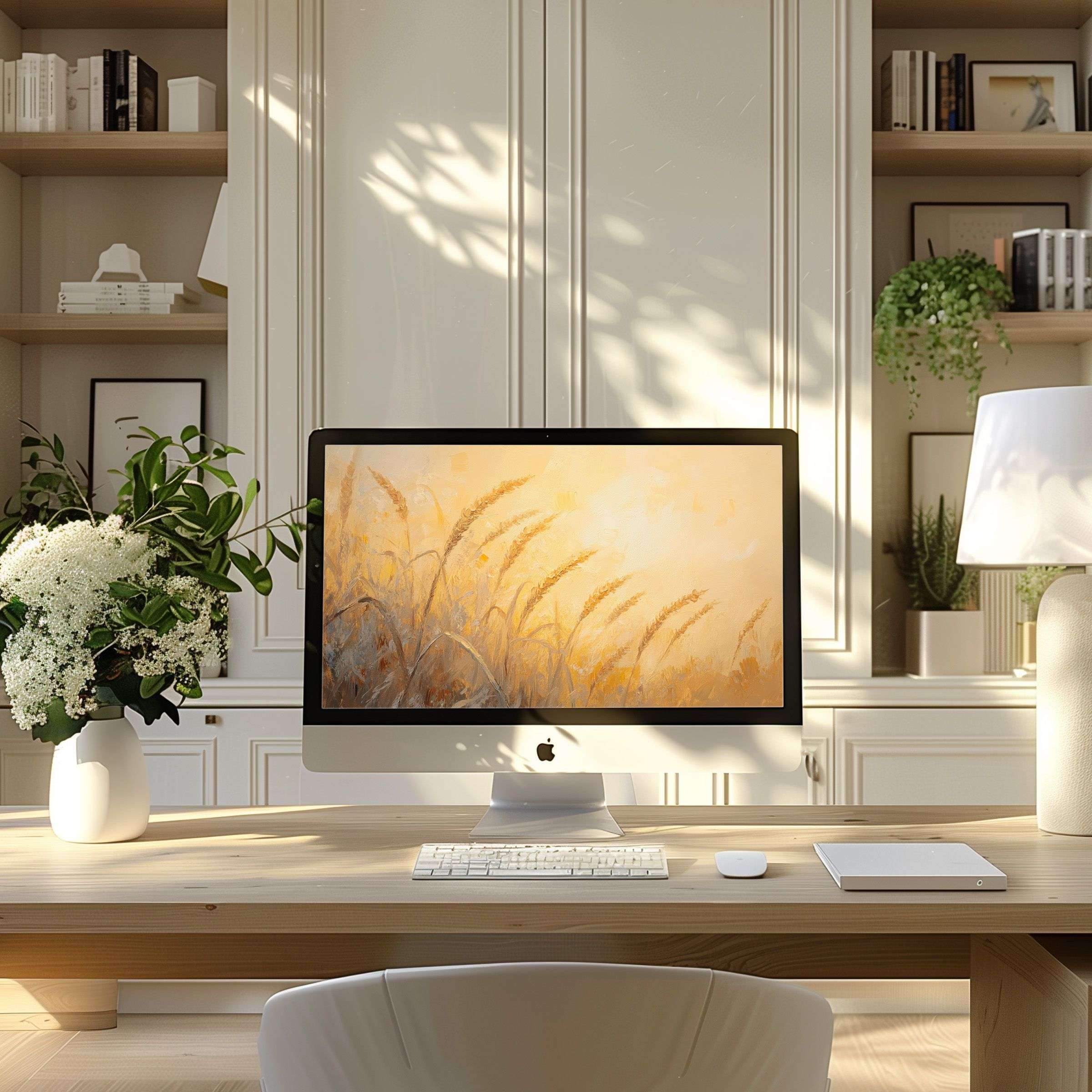 Elegant wheat field wallpaper for computer creates a serene focus in modern home office, perfect for PC, laptop, ultrawide screens