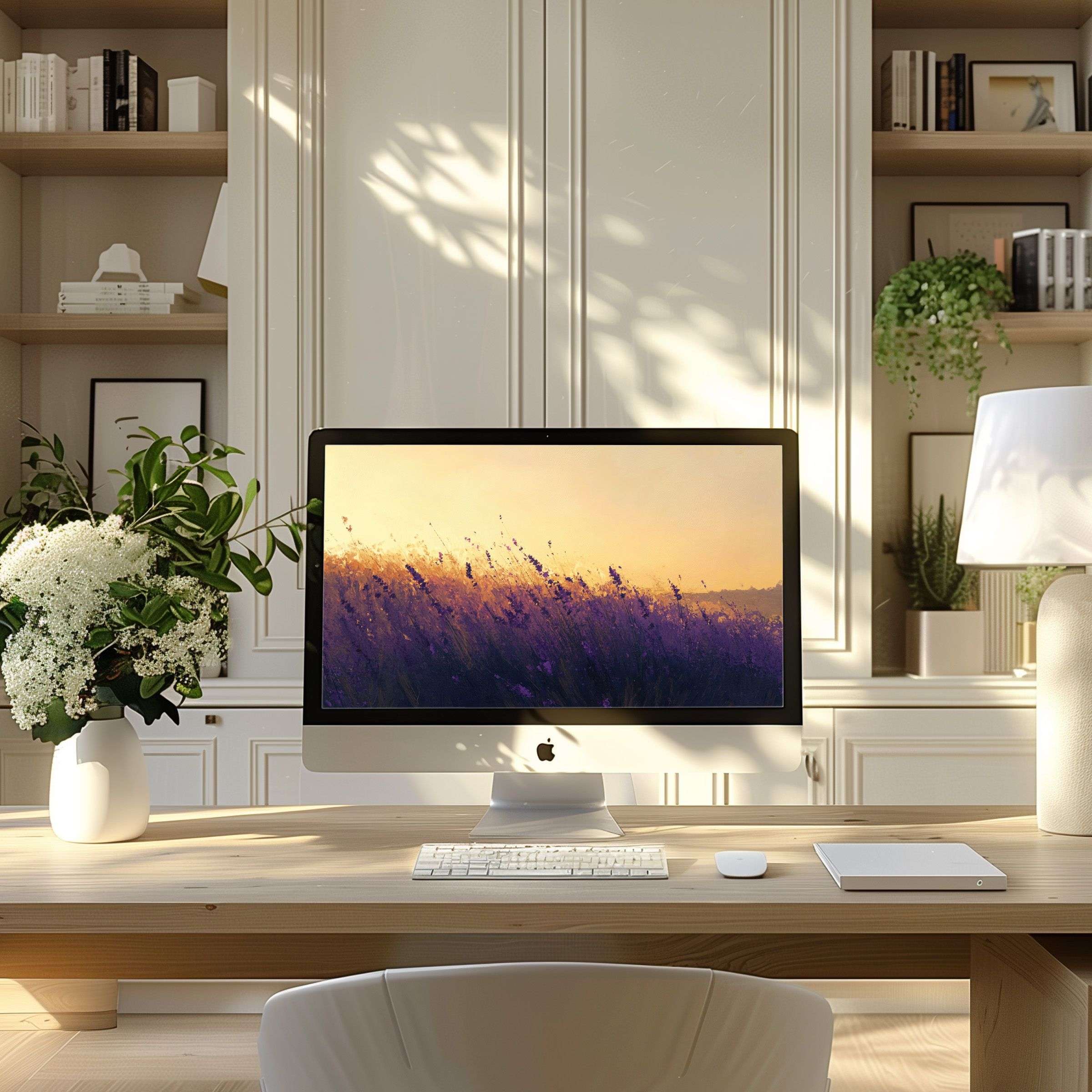 Elegant lavender field wallpaper for computer inspires calm in modern home office setup, perfect for PC or laptop digital download