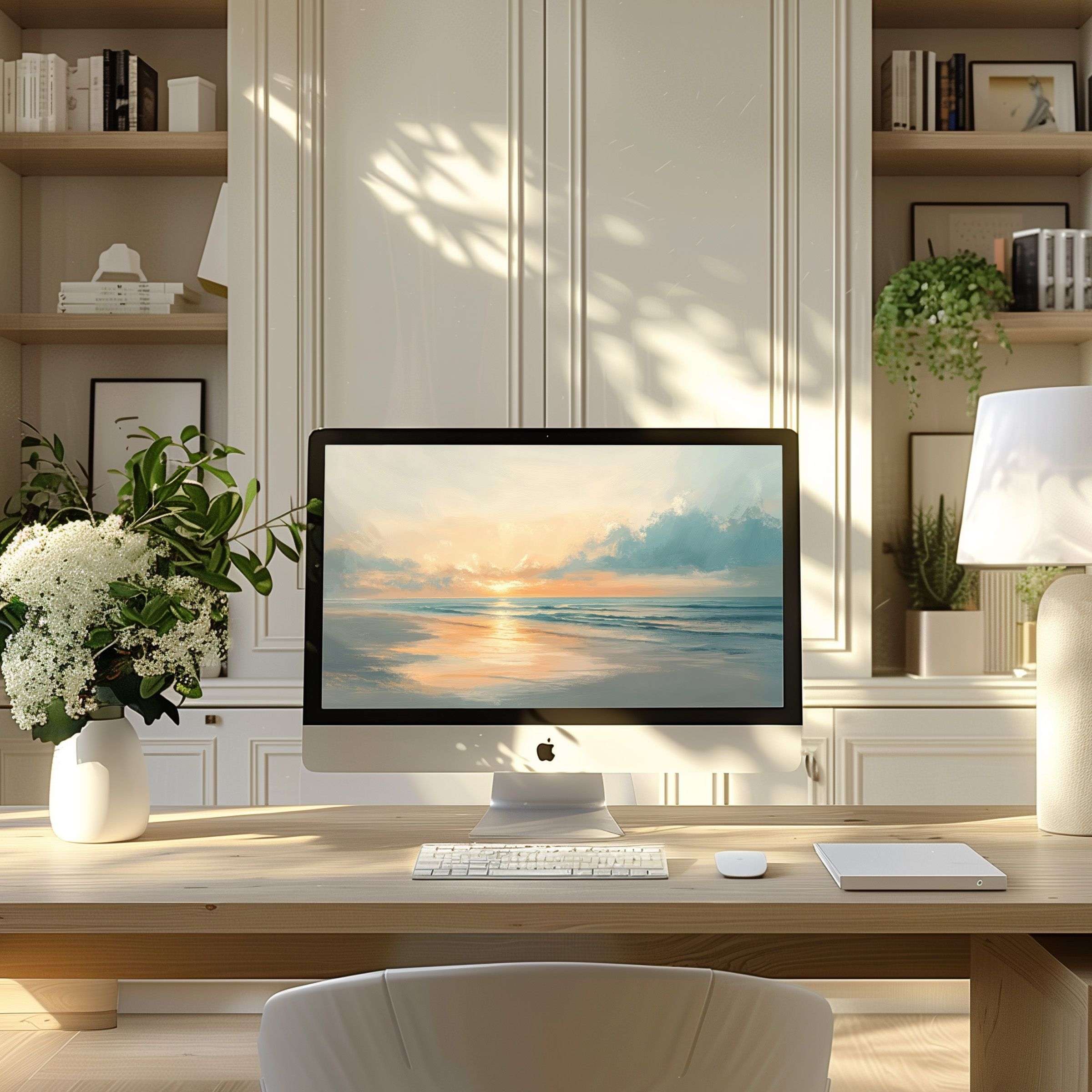 Digital sunset seascape wallpaper for computer brings calm elegance to any modern home office, ideal for PC and laptop displays
