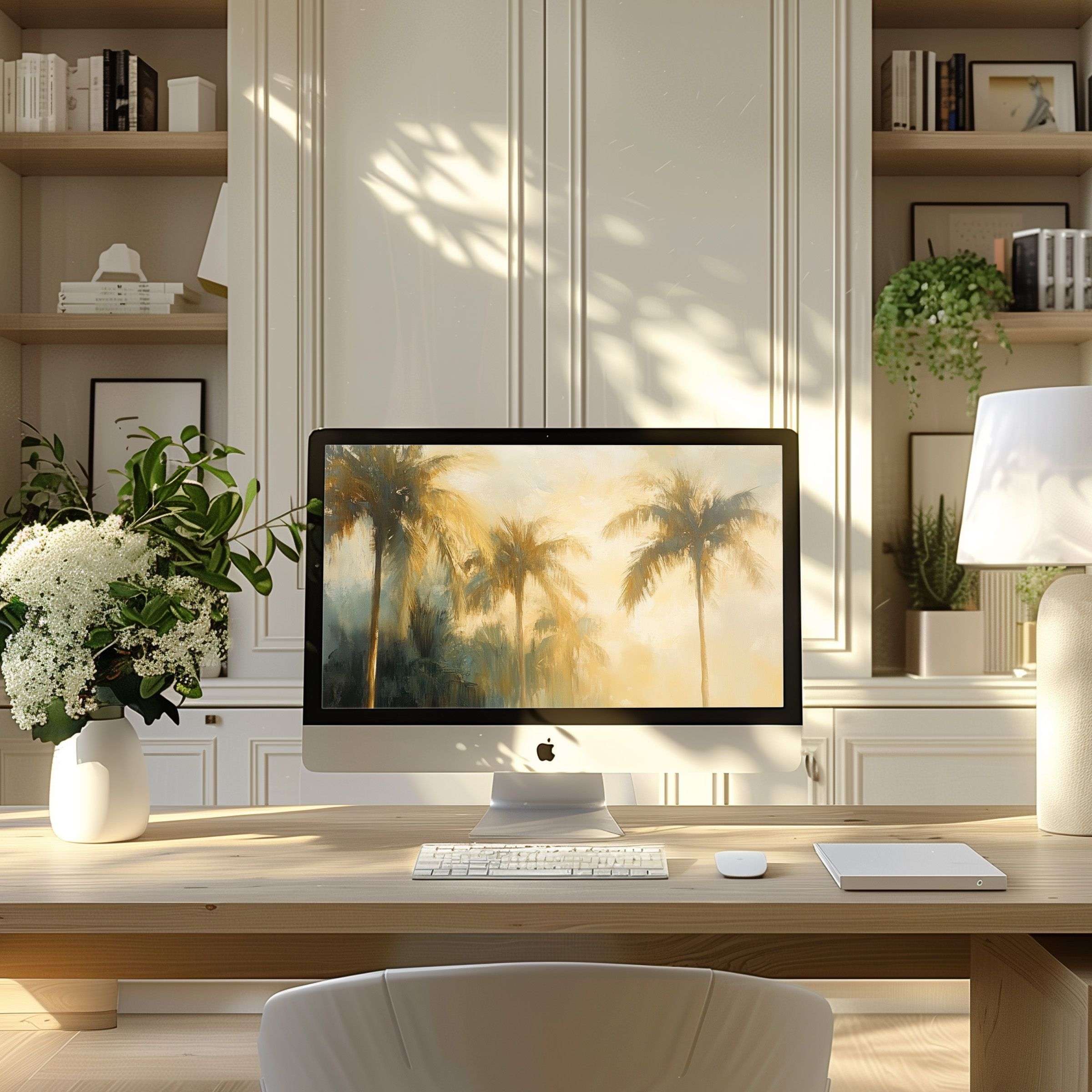 Elegant palm tree motif wallpaper for computer creates calm and inspiration in a modern PC or laptop home office setup