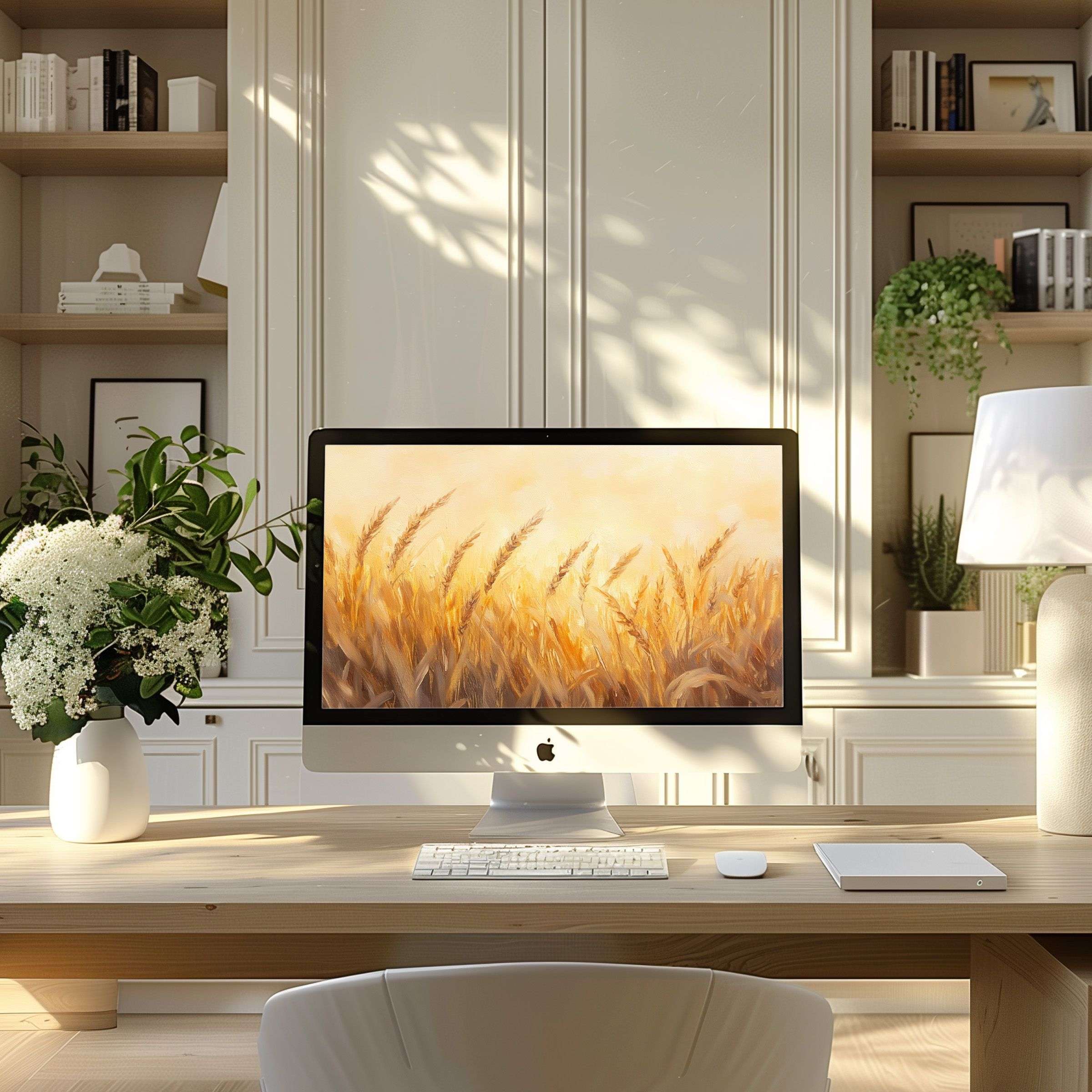 Elegant wheat field wallpaper for computer enhances your modern home office offering calm inspiration for PC or Laptop users