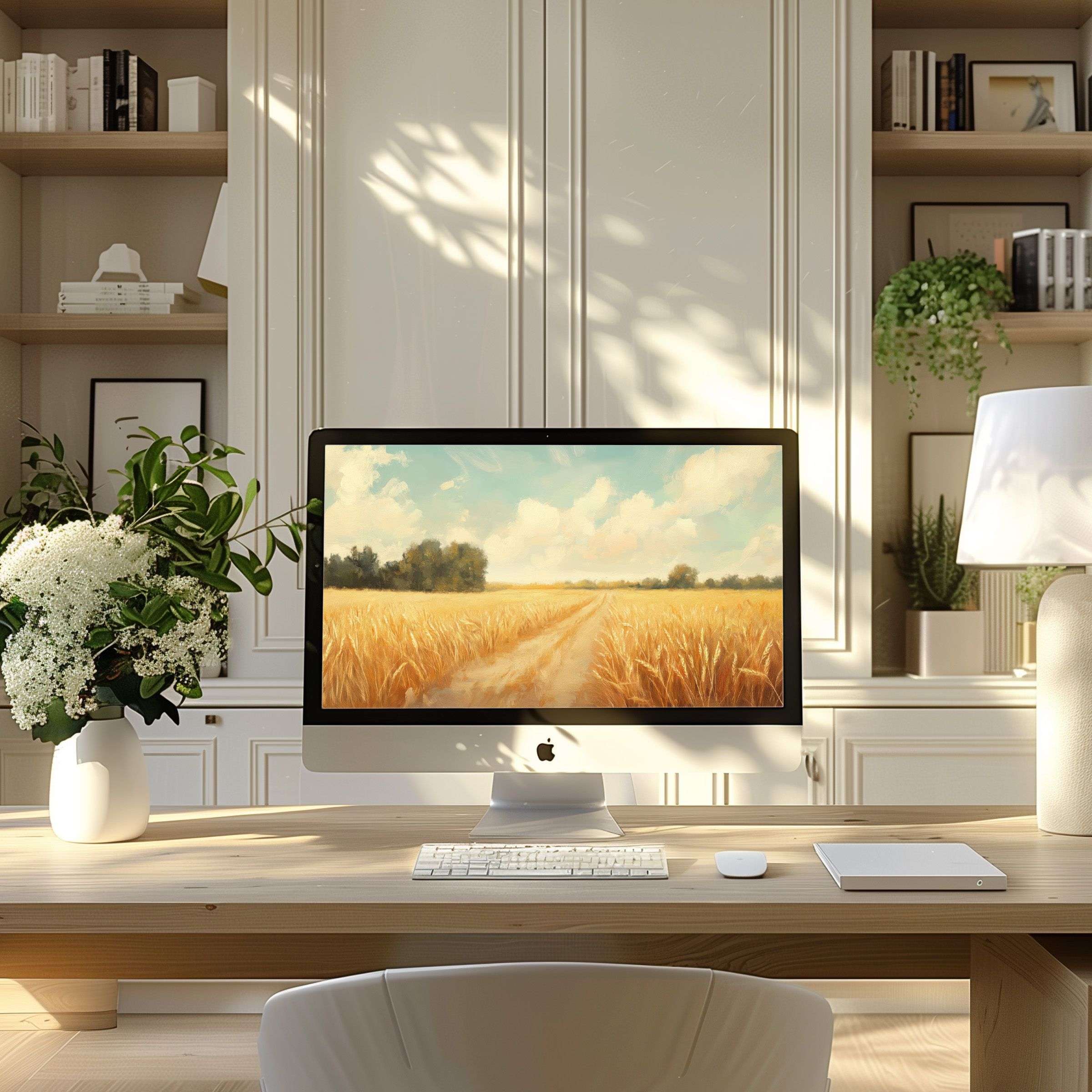 Inspire elegance with this serene wheat field artwork, ideal as wallpaper for computer, PC, laptop in a modern home office setting